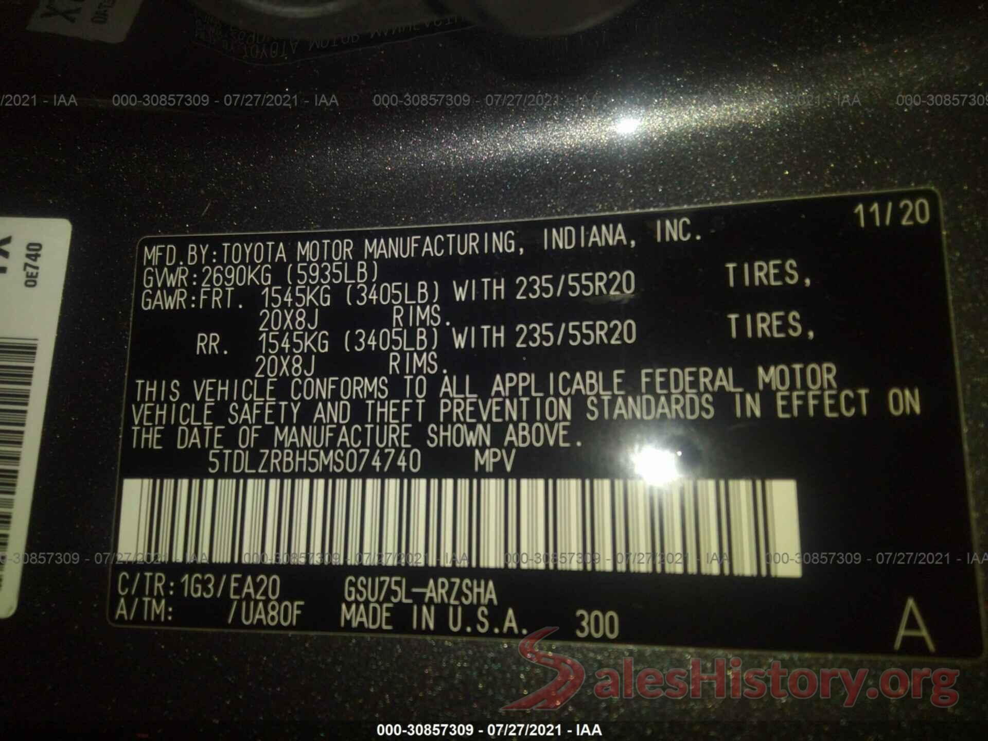 5TDLZRBH5MS074740 2021 TOYOTA HIGHLANDER