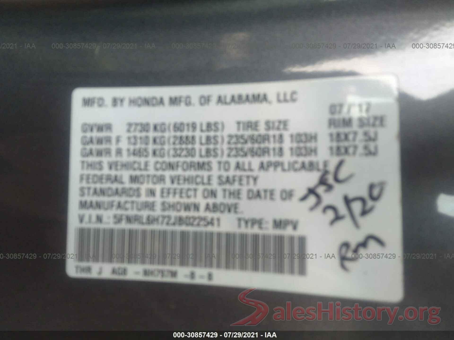 5FNRL6H72JB022541 2018 HONDA ODYSSEY