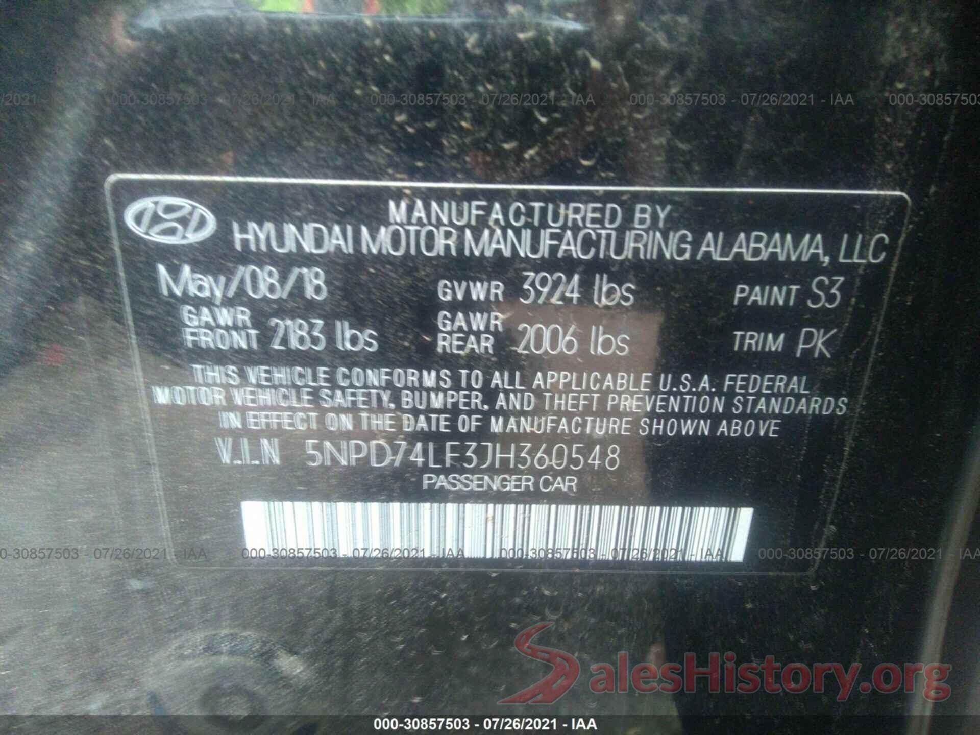 5NPD74LF3JH360548 2018 HYUNDAI ELANTRA