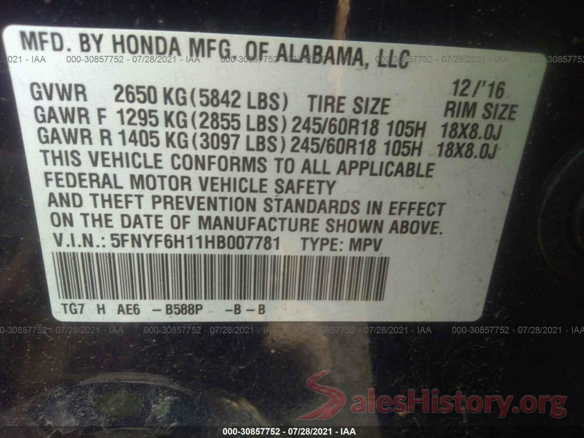 5FNYF6H11HB007781 2017 HONDA PILOT