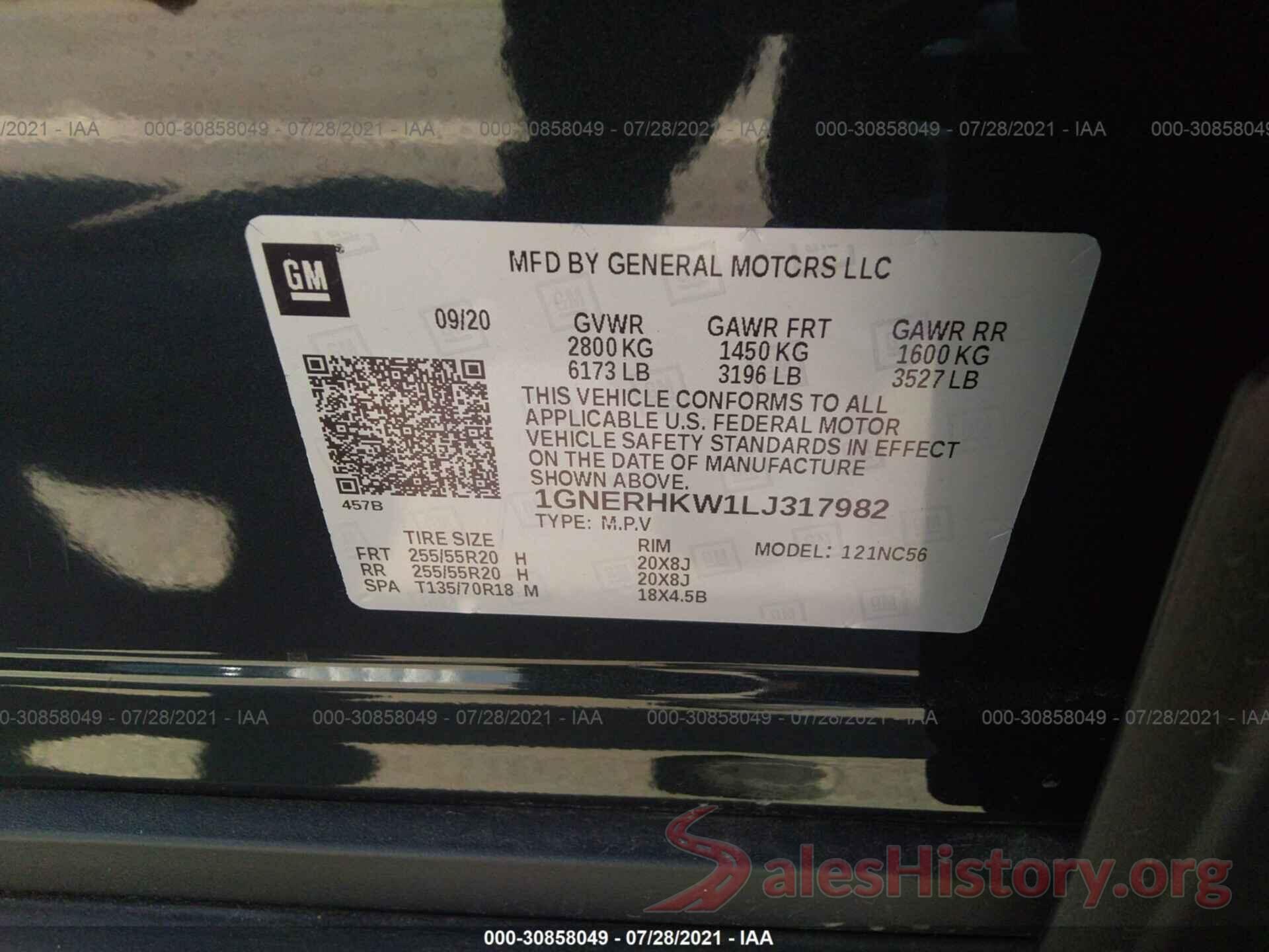 1GNERHKW1LJ317982 2020 CHEVROLET TRAVERSE