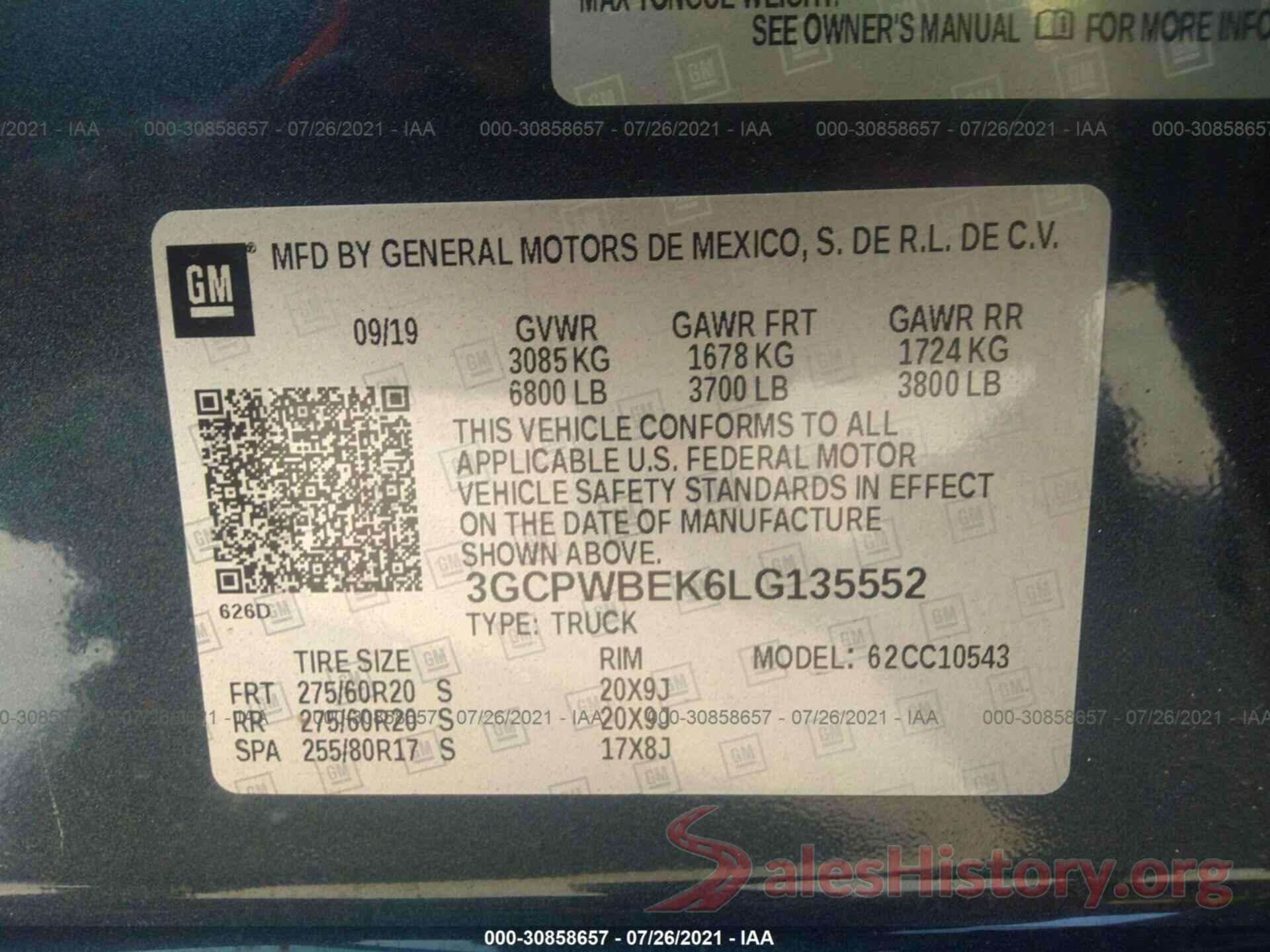 3GCPWBEK6LG135552 2020 CHEVROLET SILVERADO 1500