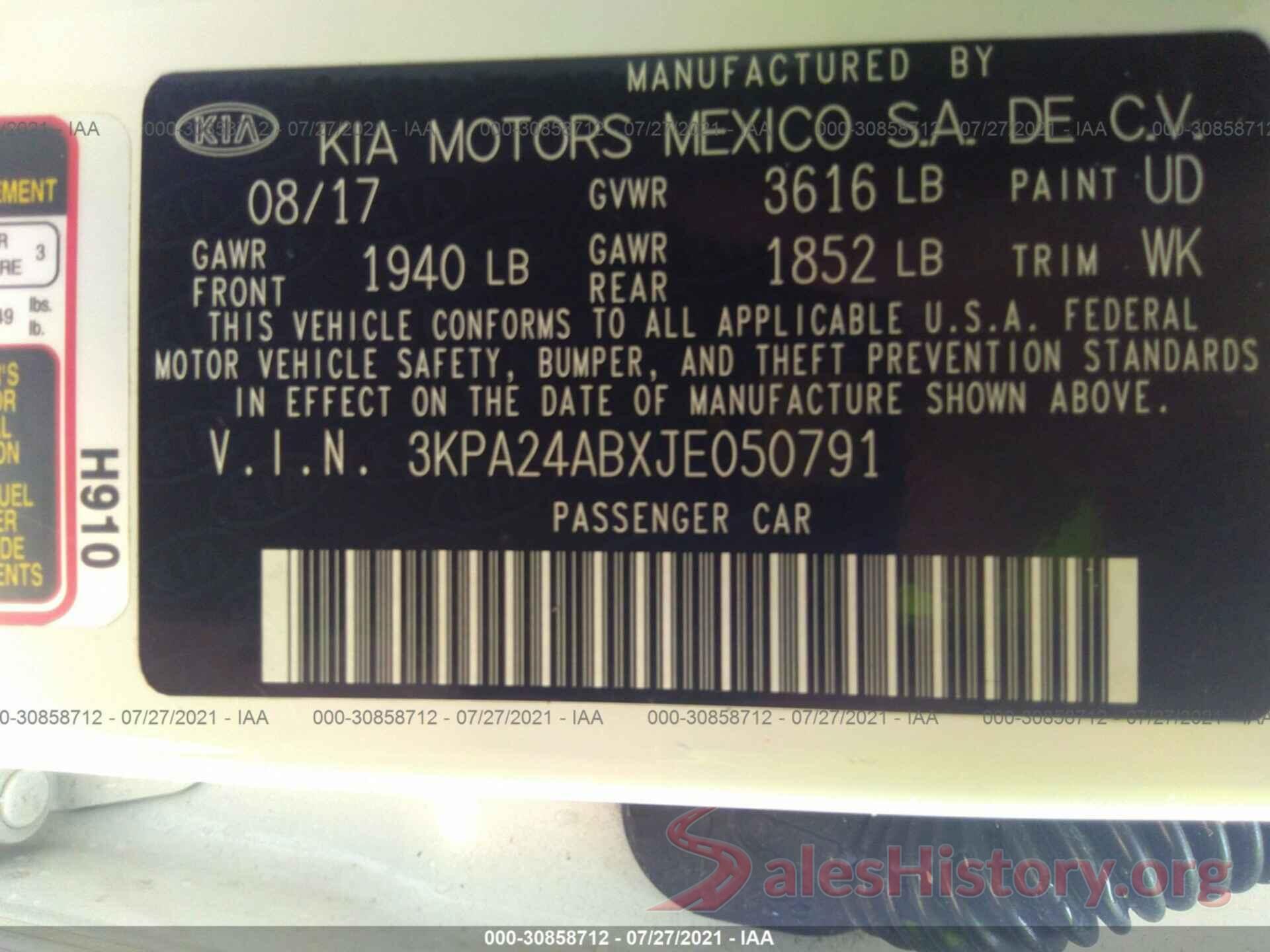 3KPA24ABXJE050791 2018 KIA RIO