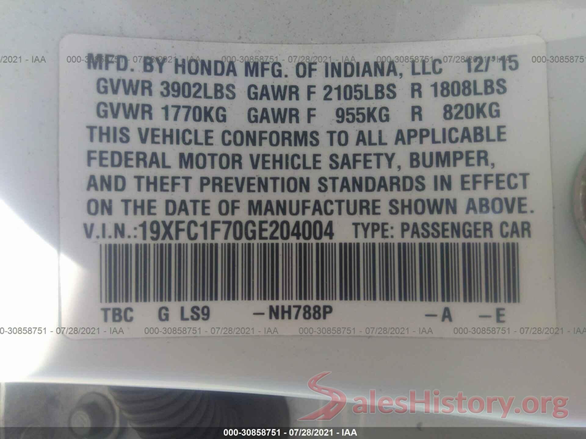 19XFC1F70GE204004 2016 HONDA CIVIC SEDAN