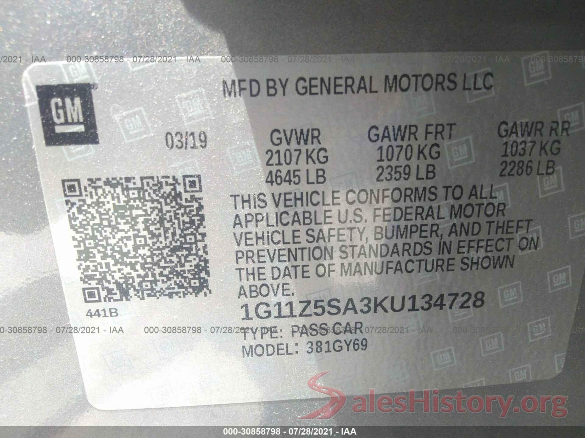 1G11Z5SA3KU134728 2019 CHEVROLET IMPALA