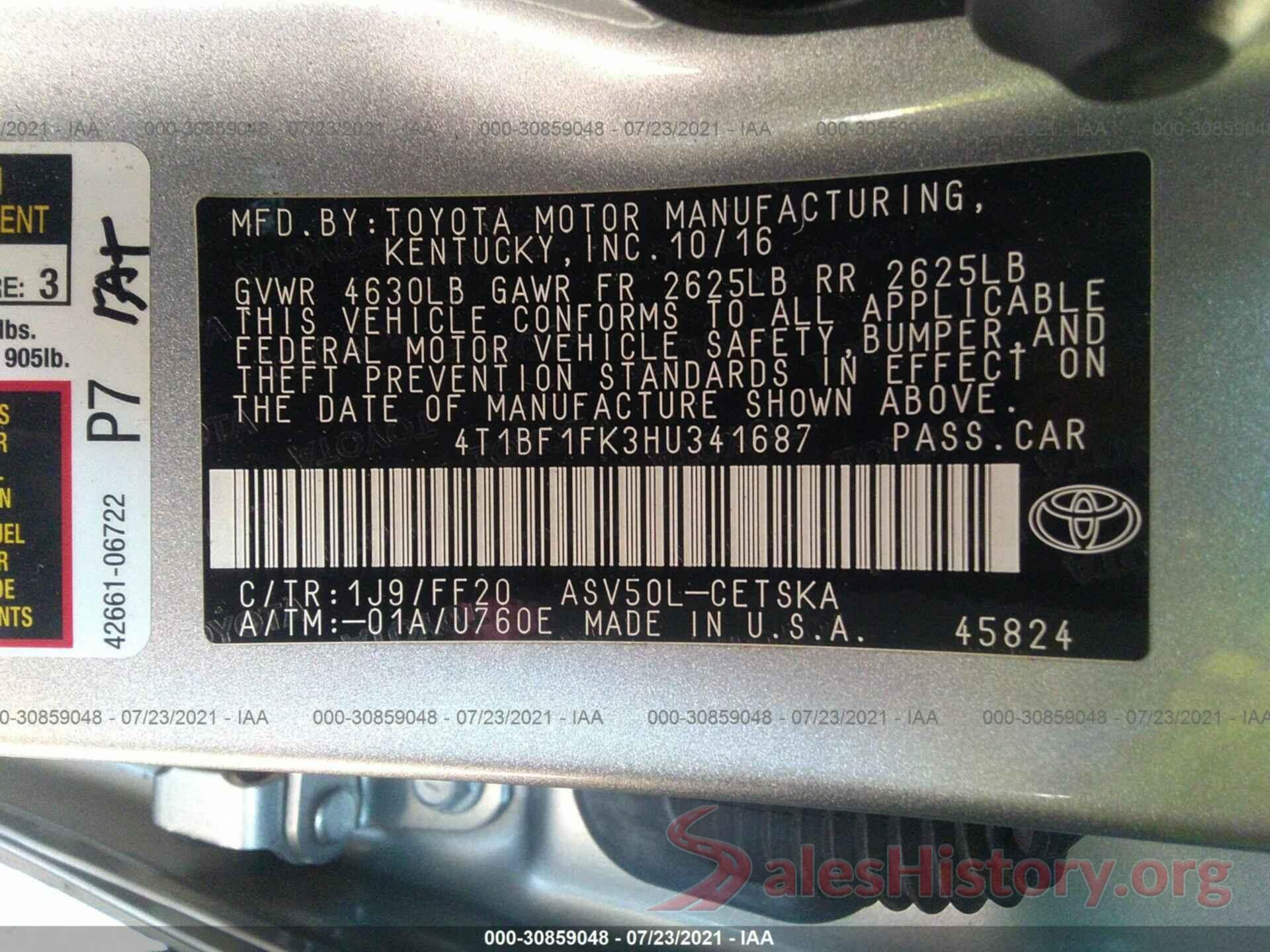 4T1BF1FK3HU341687 2017 TOYOTA CAMRY