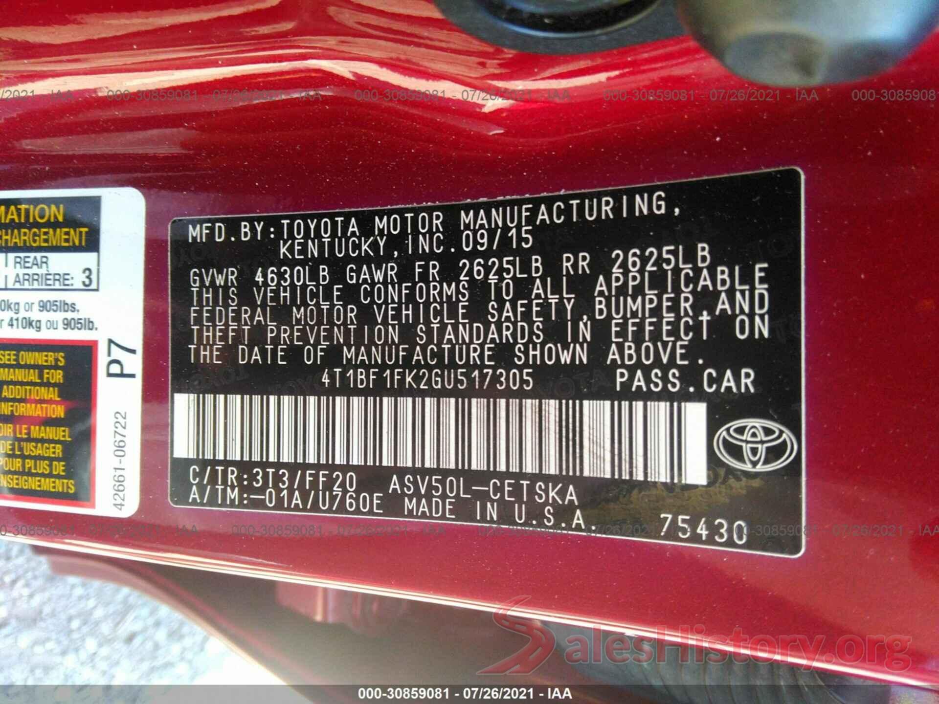 4T1BF1FK2GU517305 2016 TOYOTA CAMRY