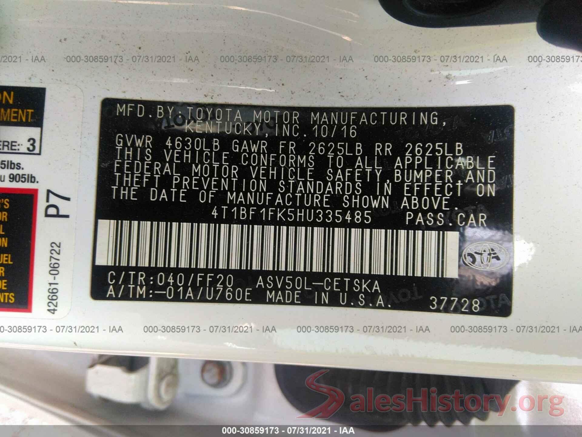 4T1BF1FK5HU335485 2017 TOYOTA CAMRY