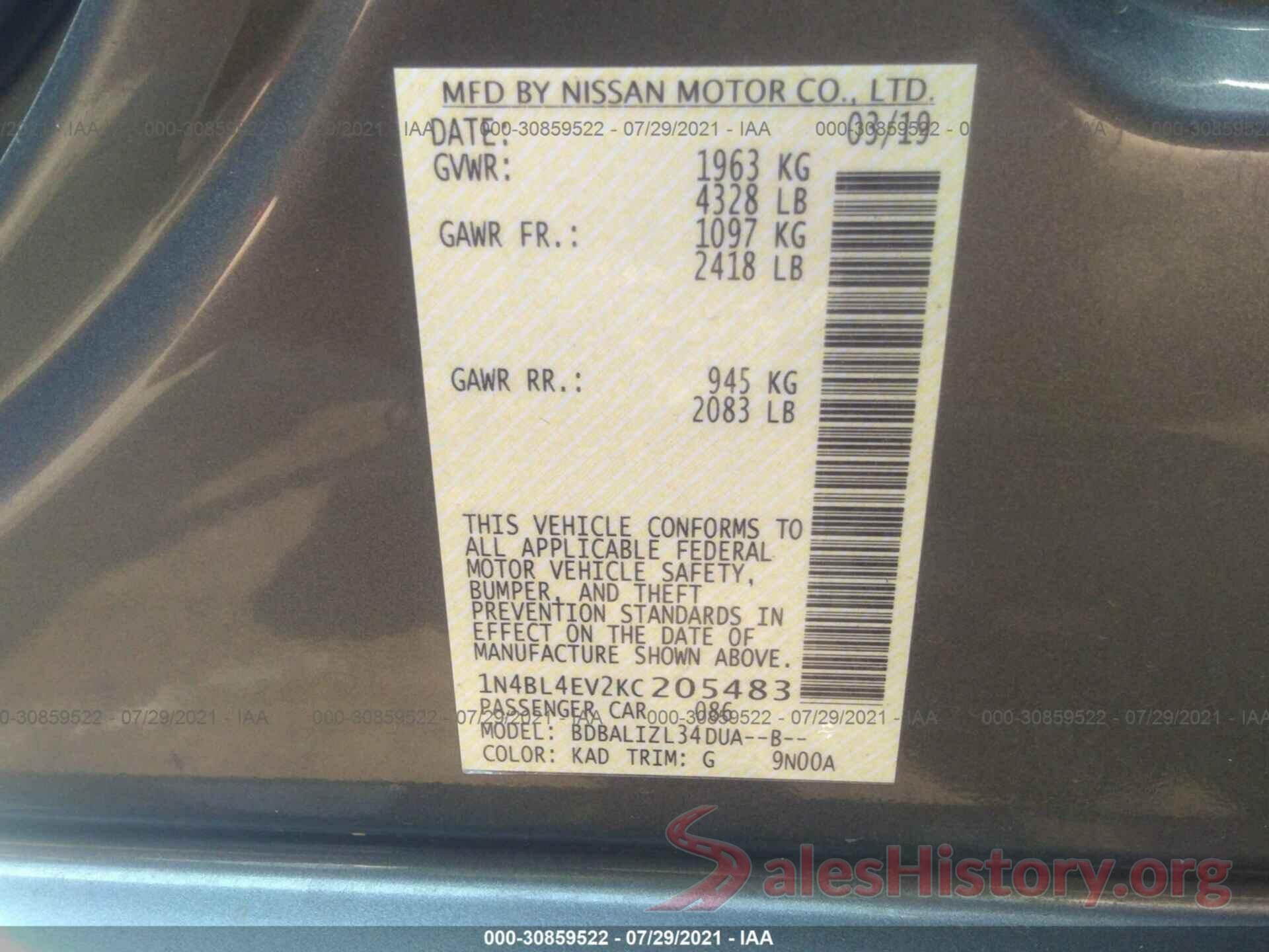 1N4BL4EV2KC205483 2019 NISSAN ALTIMA