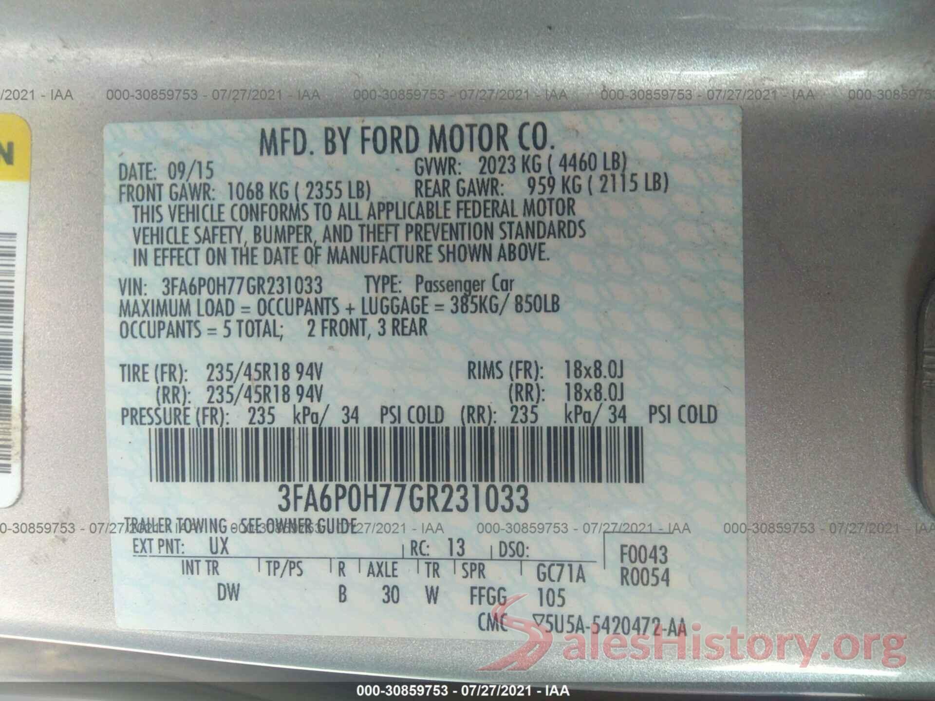 3FA6P0H77GR231033 2016 FORD FUSION