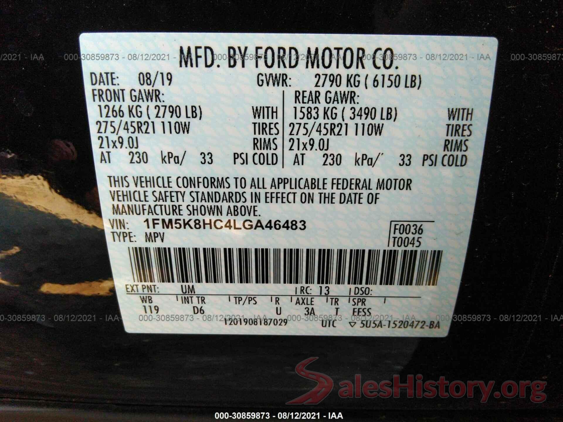 1FM5K8HC4LGA46483 2020 FORD EXPLORER