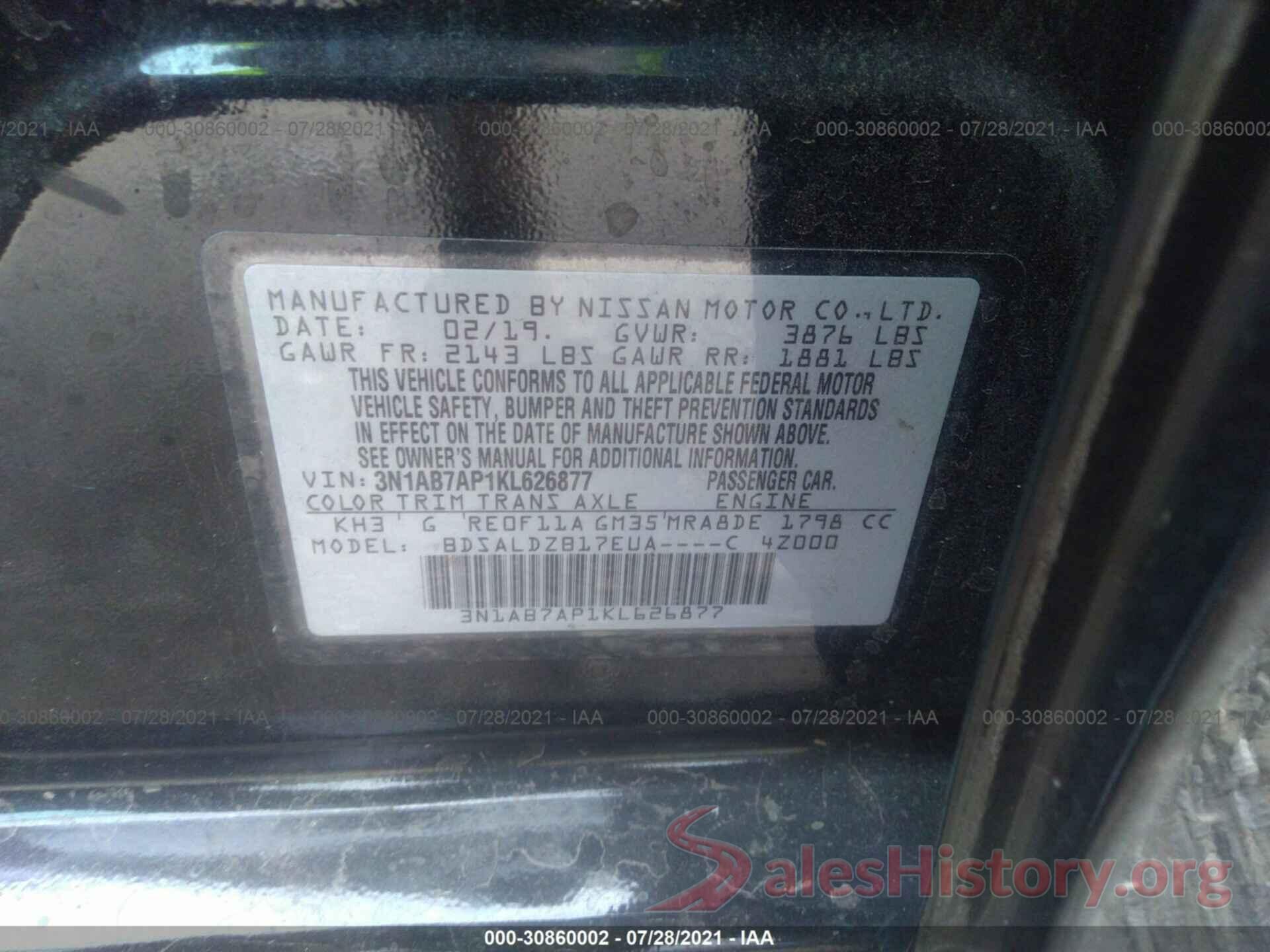 3N1AB7AP1KL626877 2019 NISSAN SENTRA