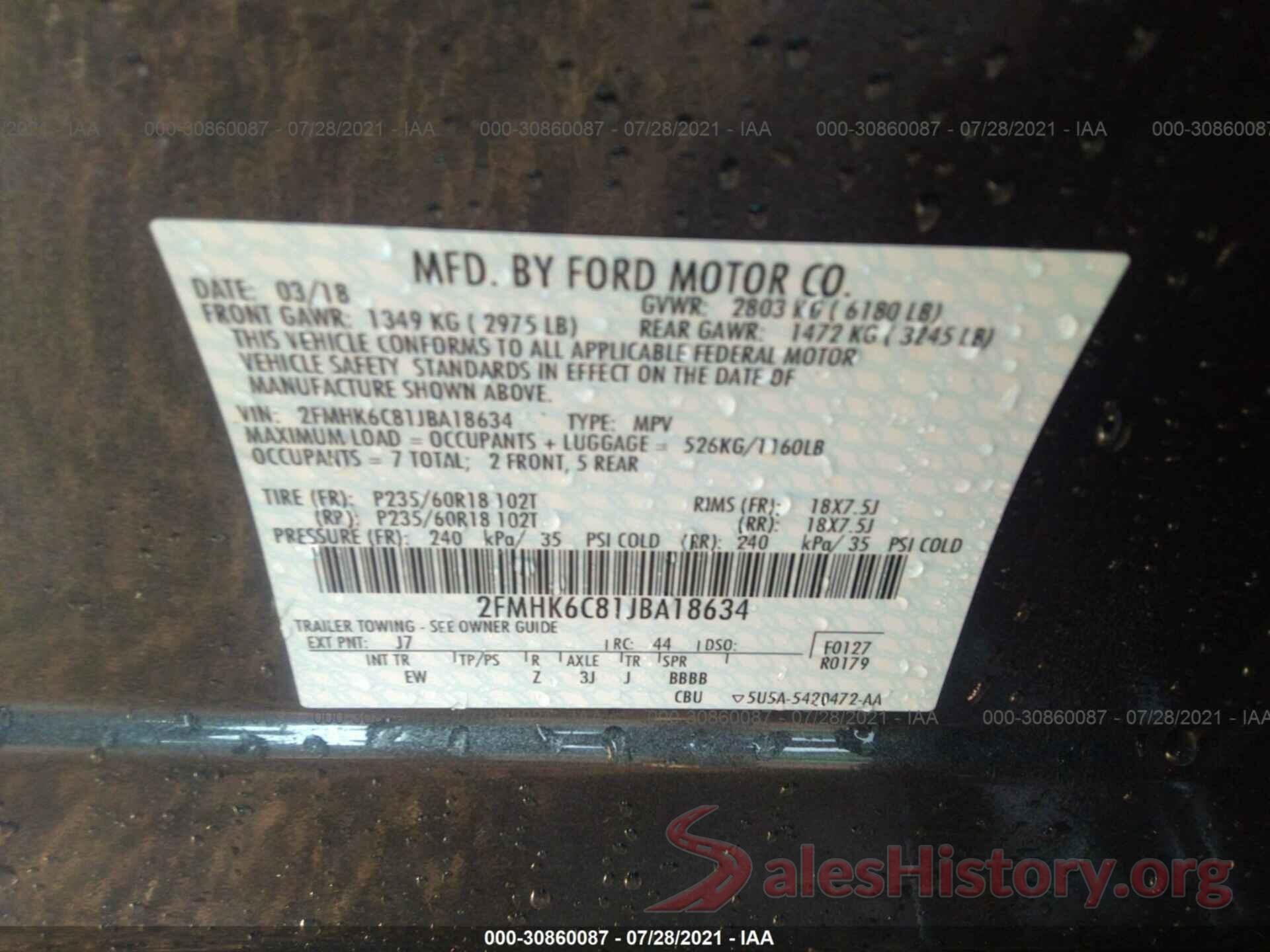 2FMHK6C81JBA18634 2018 FORD FLEX