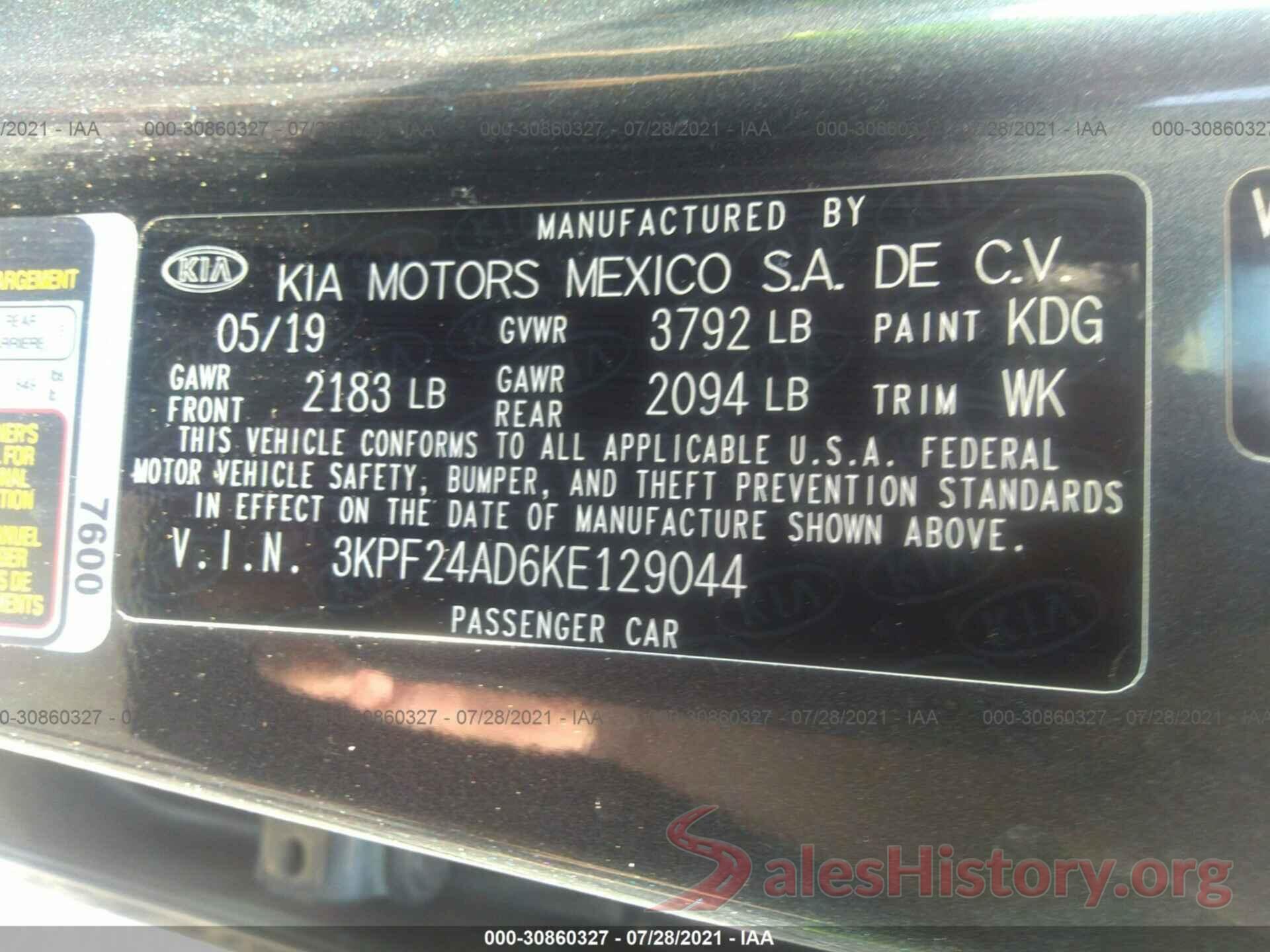 3KPF24AD6KE129044 2019 KIA FORTE