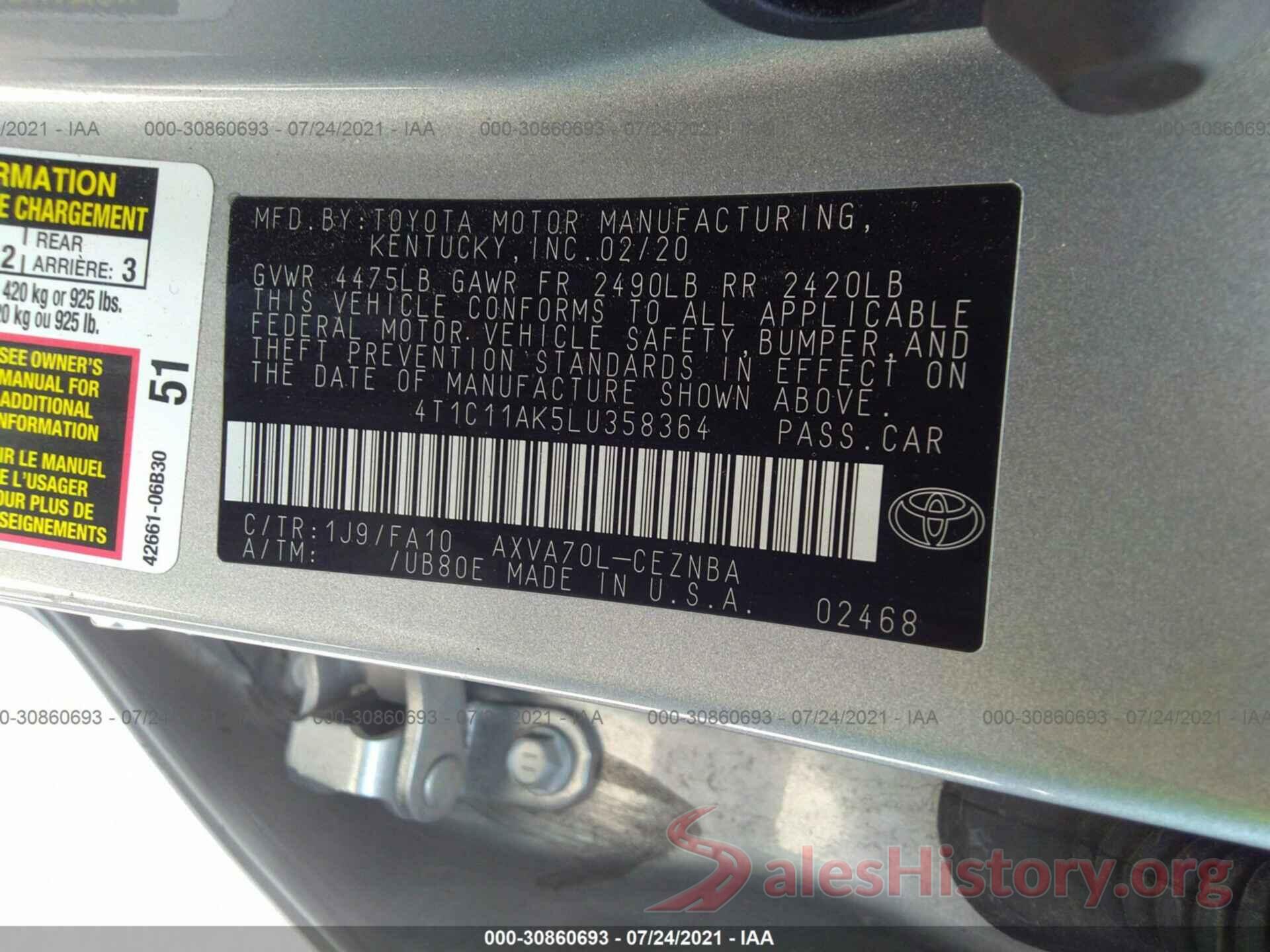 4T1C11AK5LU358364 2020 TOYOTA CAMRY