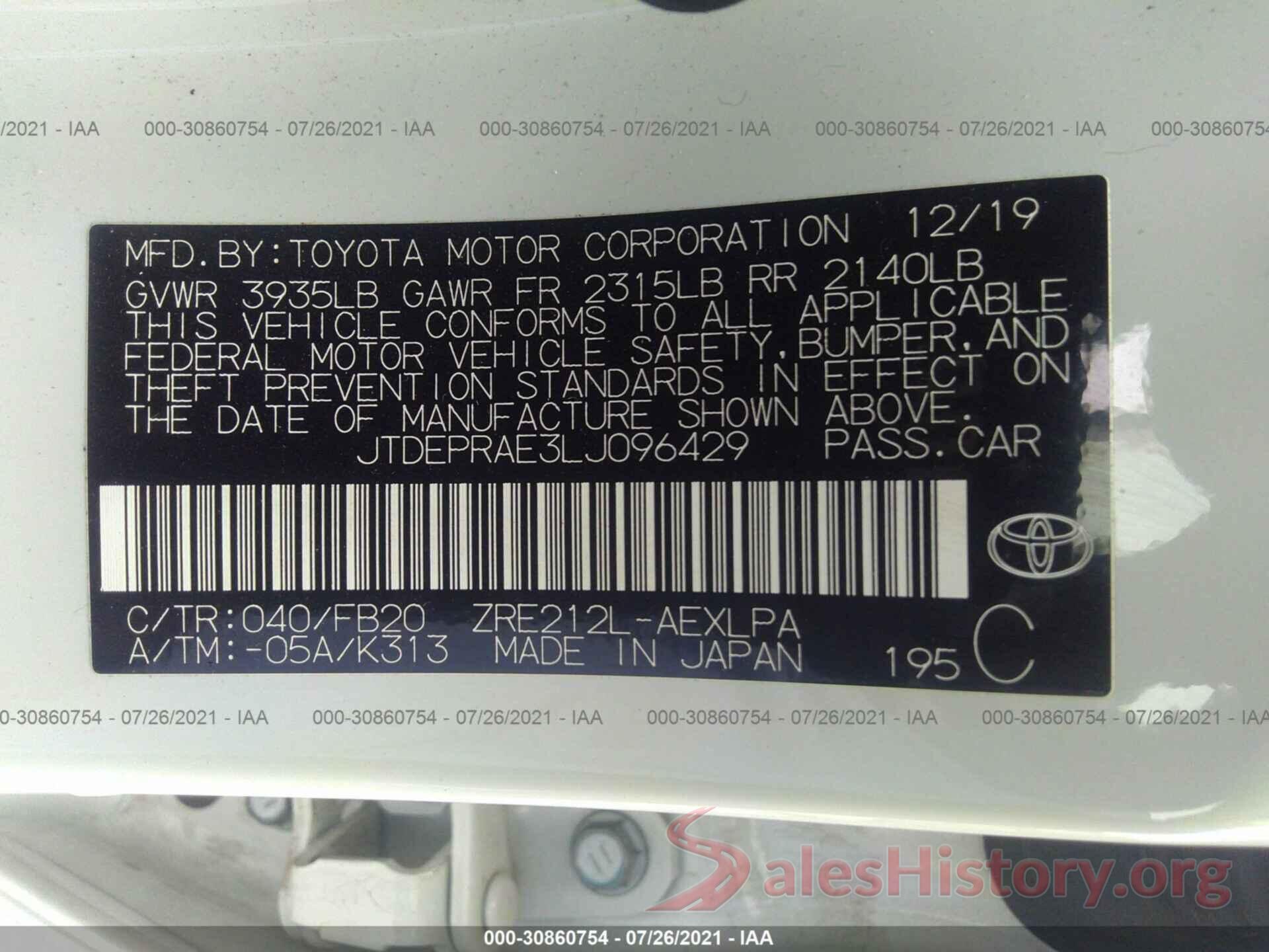 JTDEPRAE3LJ096429 2020 TOYOTA COROLLA