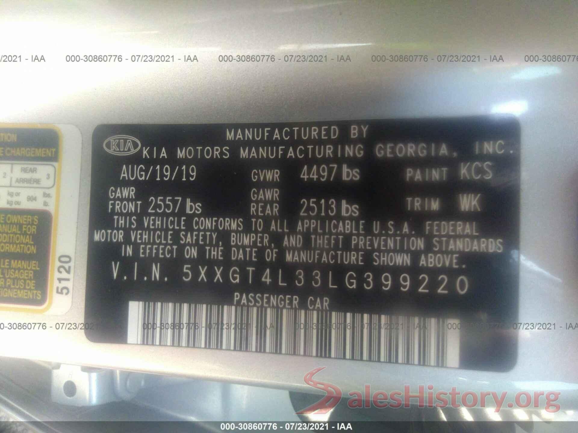 5XXGT4L33LG399220 2020 KIA OPTIMA