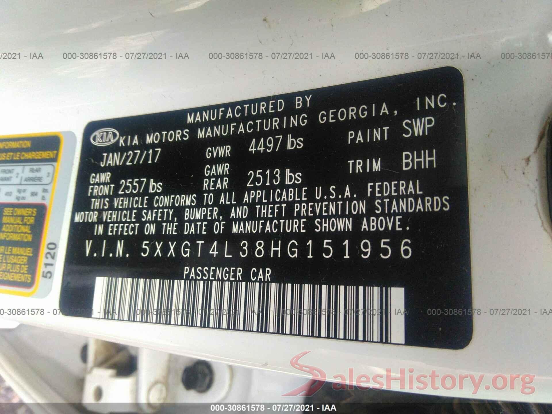 5XXGT4L38HG151956 2017 KIA OPTIMA