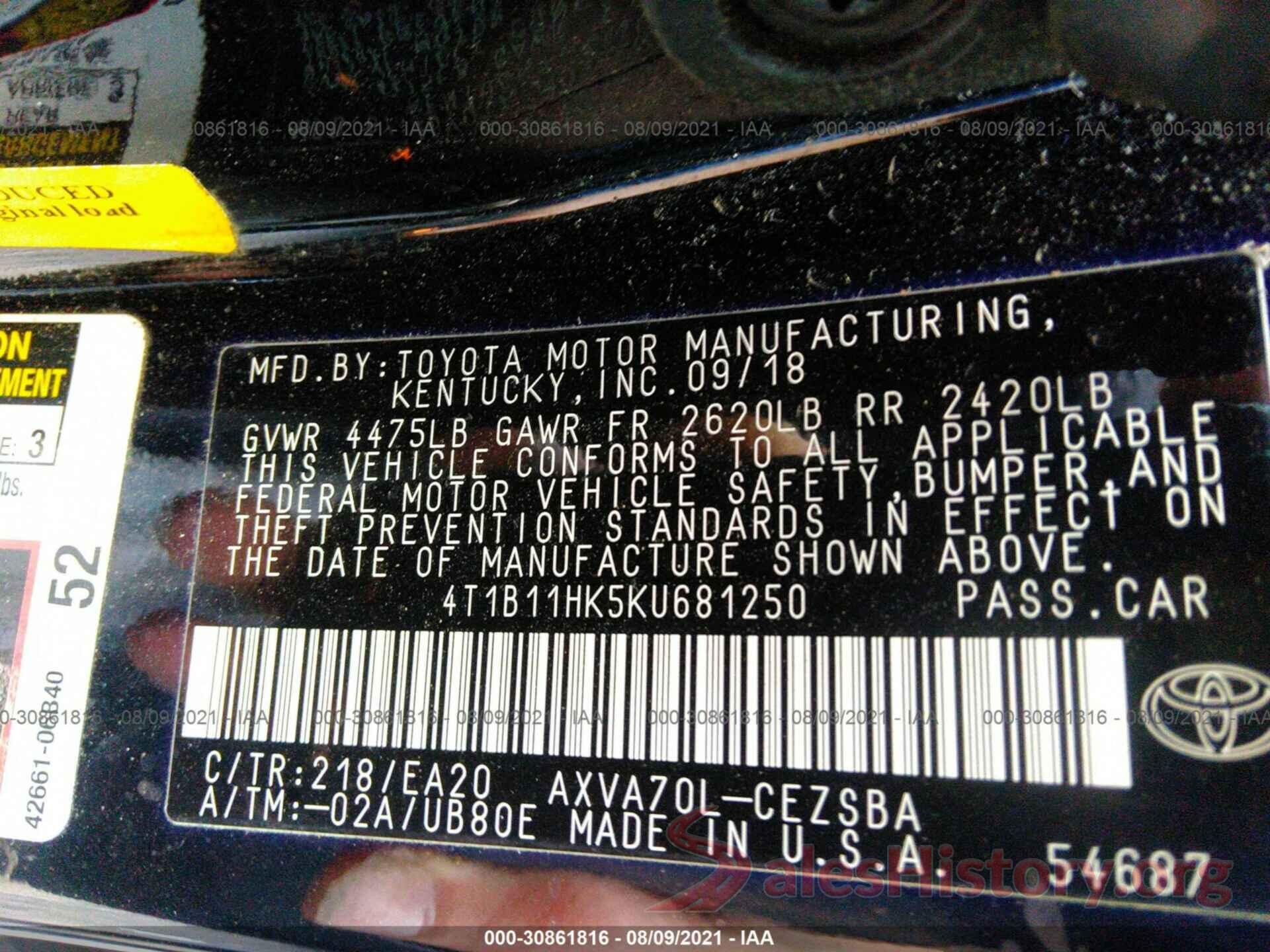 4T1B118K5KU681250 2019 TOYOTA CAMRY