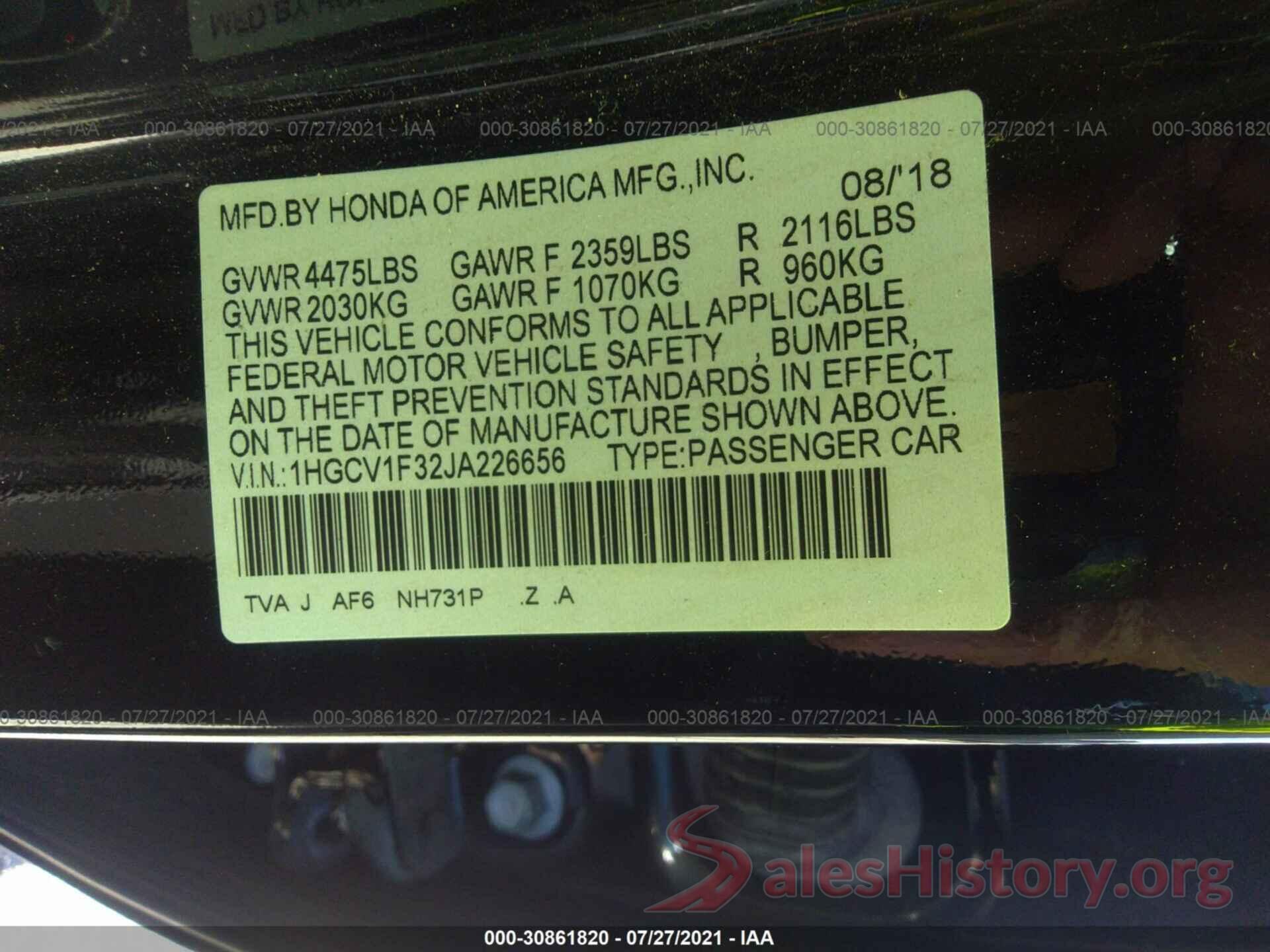 1HGCV1F32JA226656 2018 HONDA ACCORD SEDAN