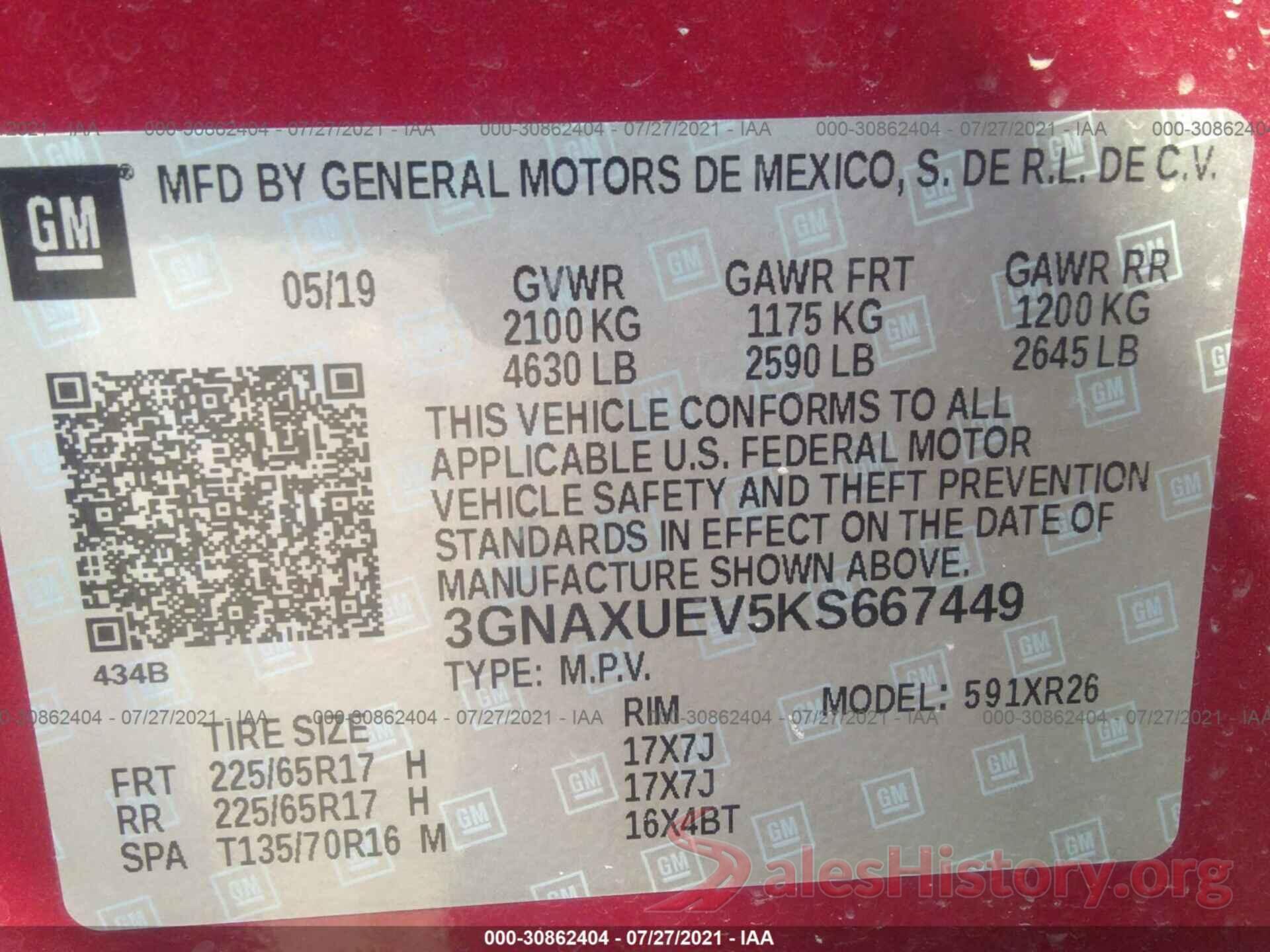 3GNAXUEV5KS667449 2019 CHEVROLET EQUINOX