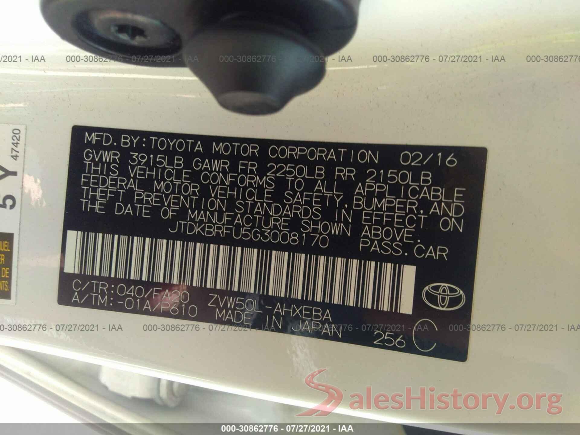 JTDKBRFU5G3008170 2016 TOYOTA PRIUS