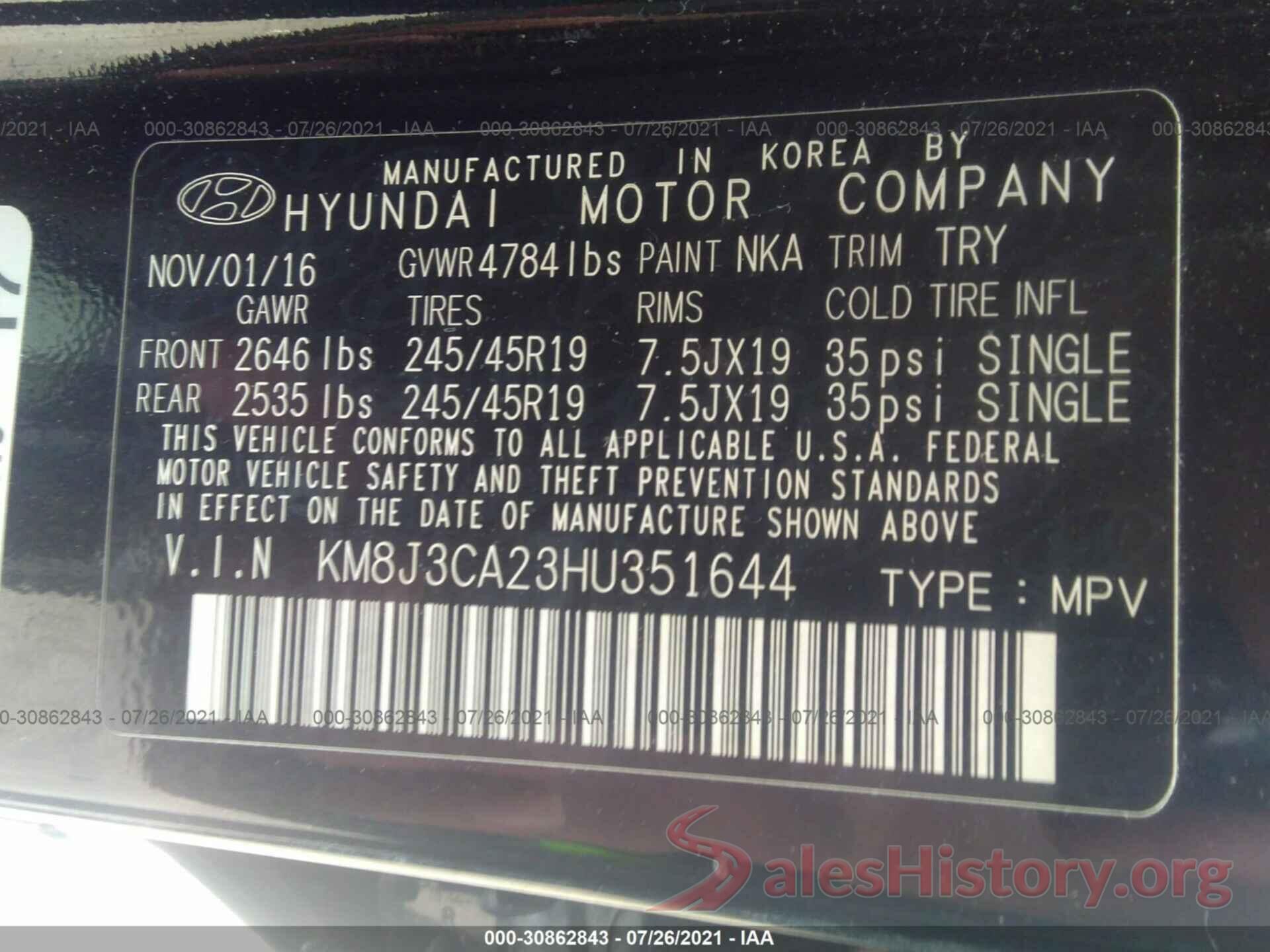 KM8J3CA23HU351644 2017 HYUNDAI TUCSON