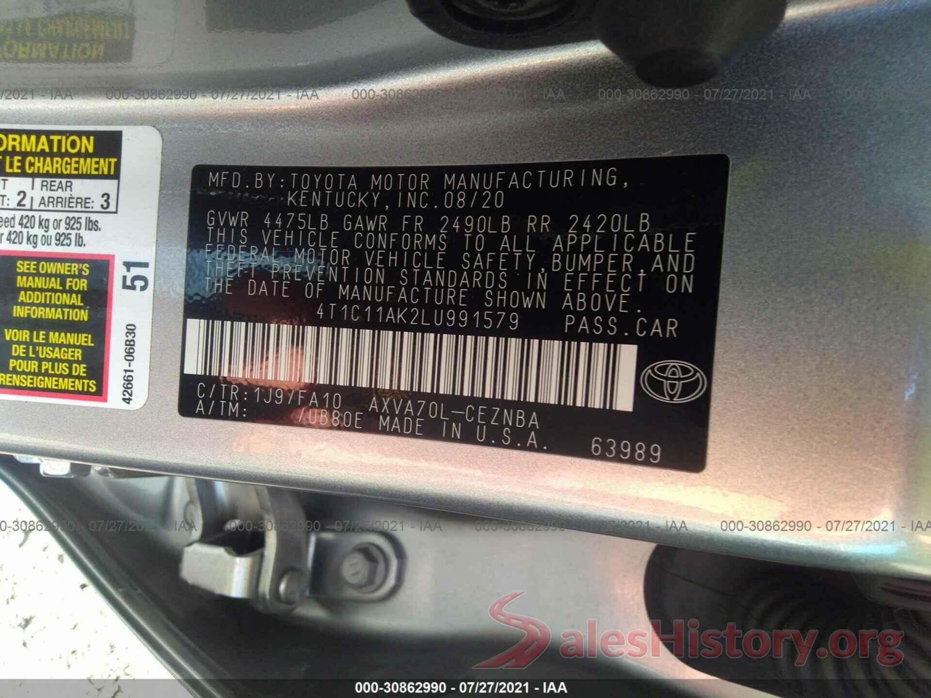 4T1C11AK2LU991579 2020 TOYOTA CAMRY