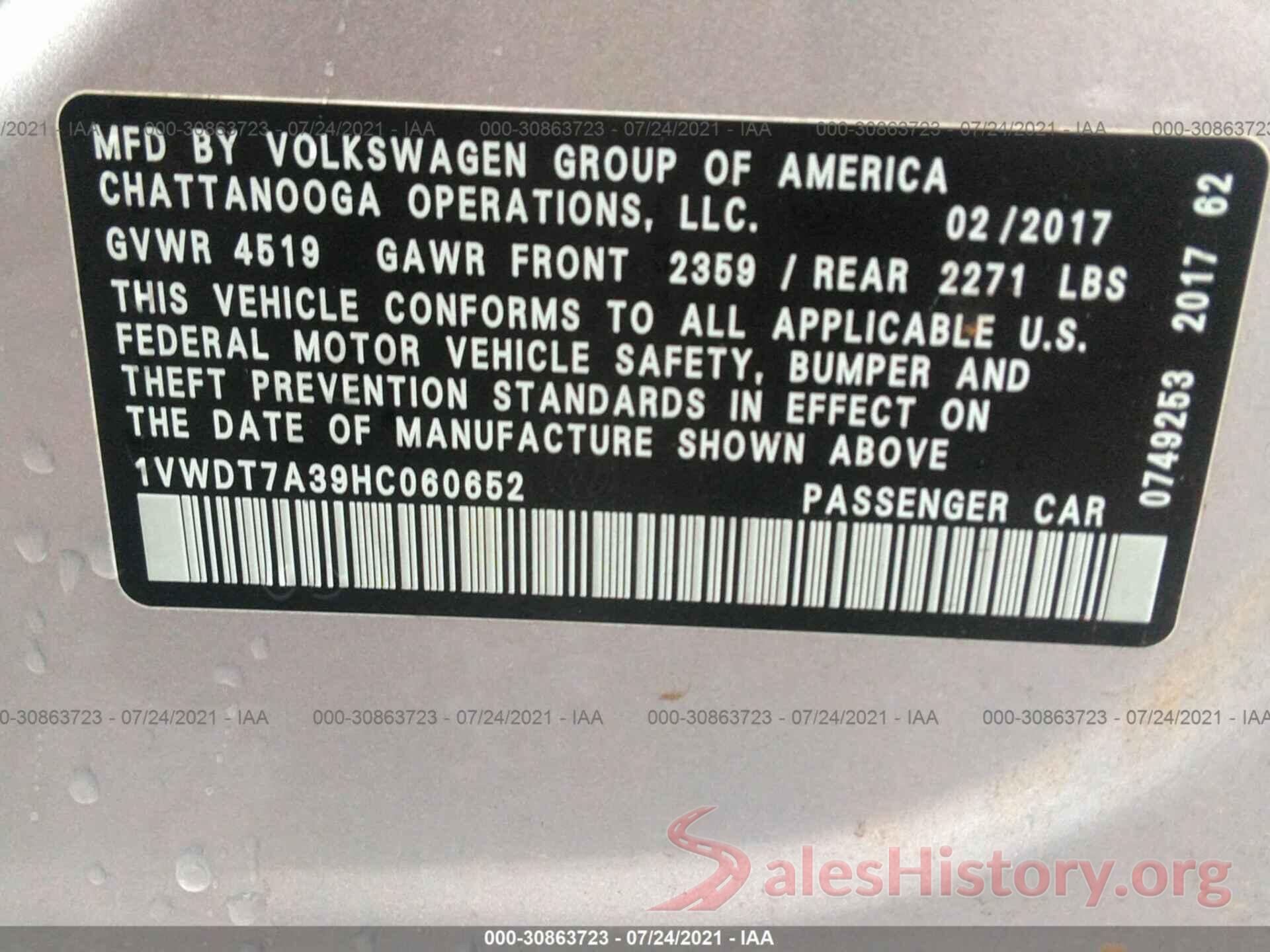 1VWDT7A39HC060652 2017 VOLKSWAGEN PASSAT