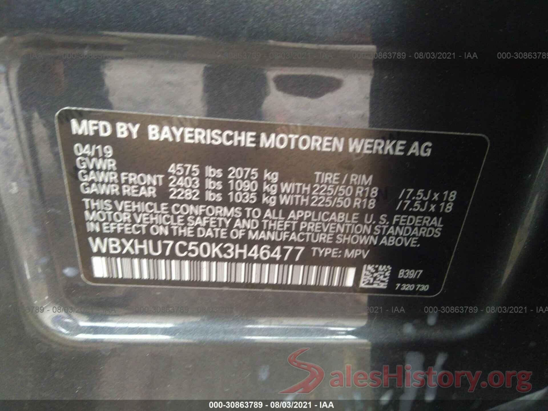 WBXHU7C50K3H46477 2019 BMW X1