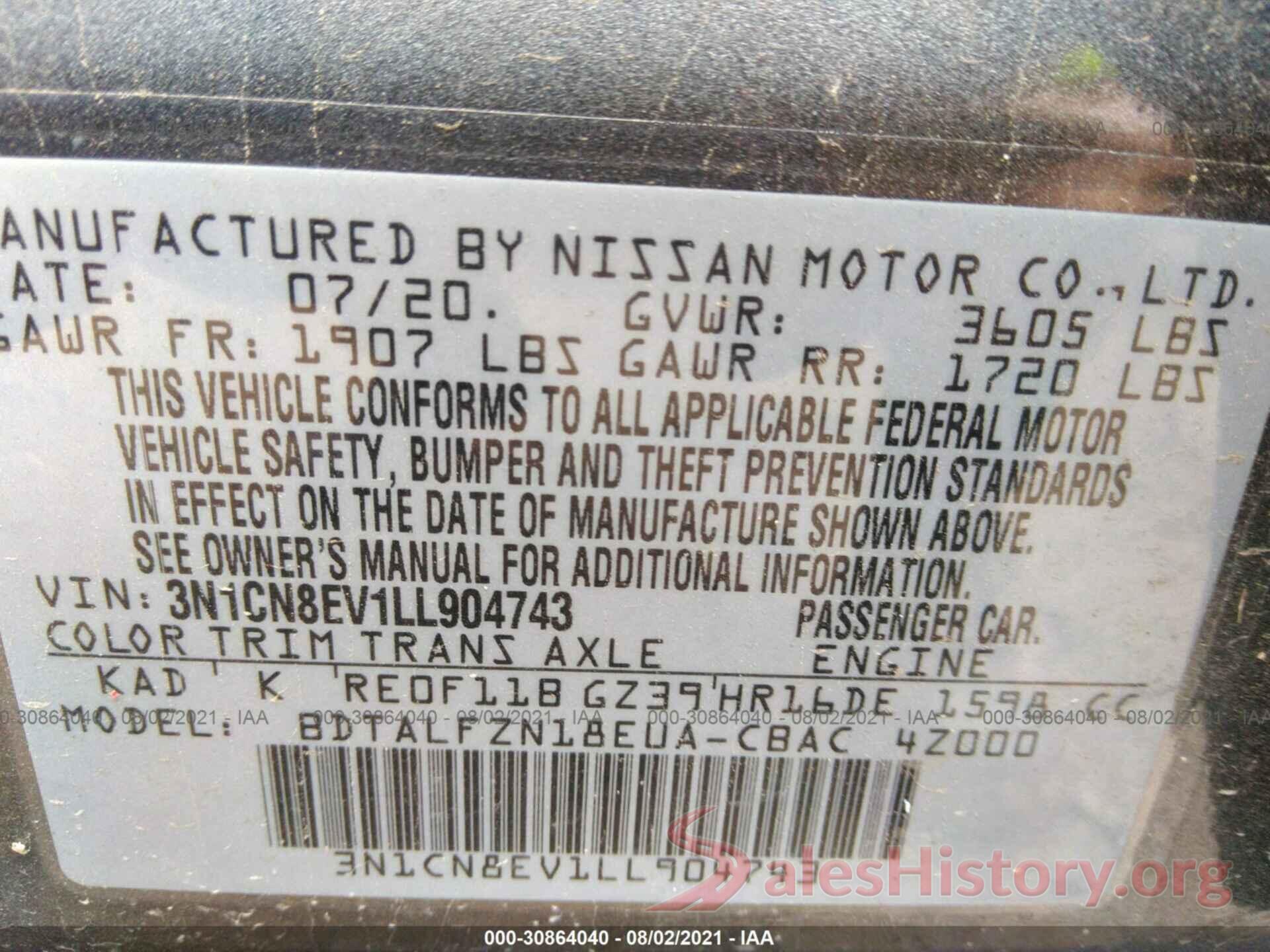 3N1CN8EV1LL904743 2020 NISSAN VERSA