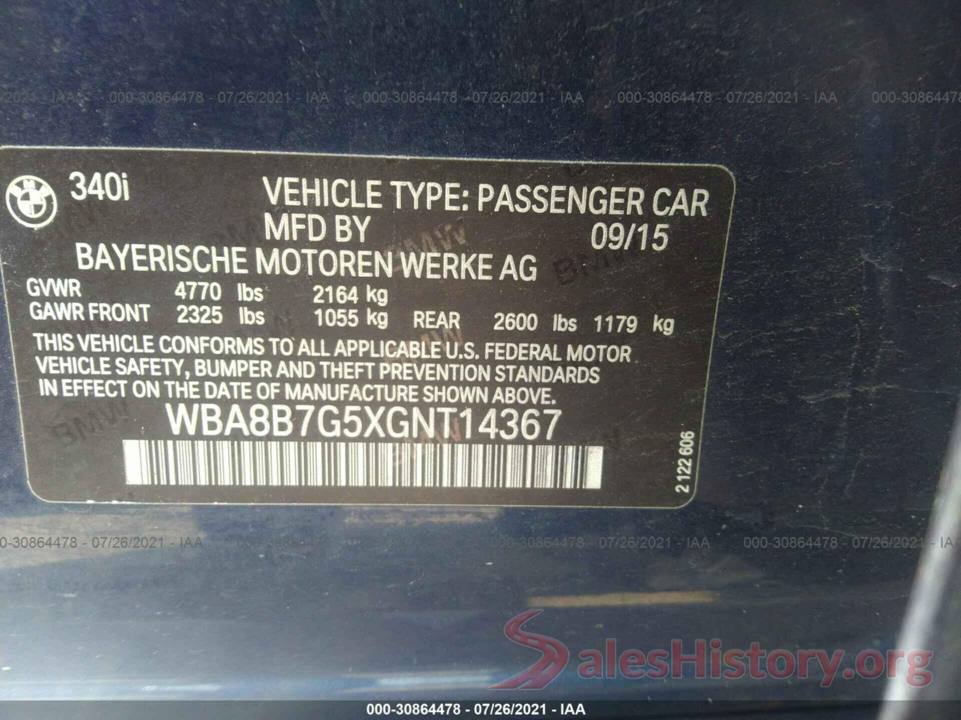 WBA8B7G5XGNT14367 2016 BMW 3 SERIES