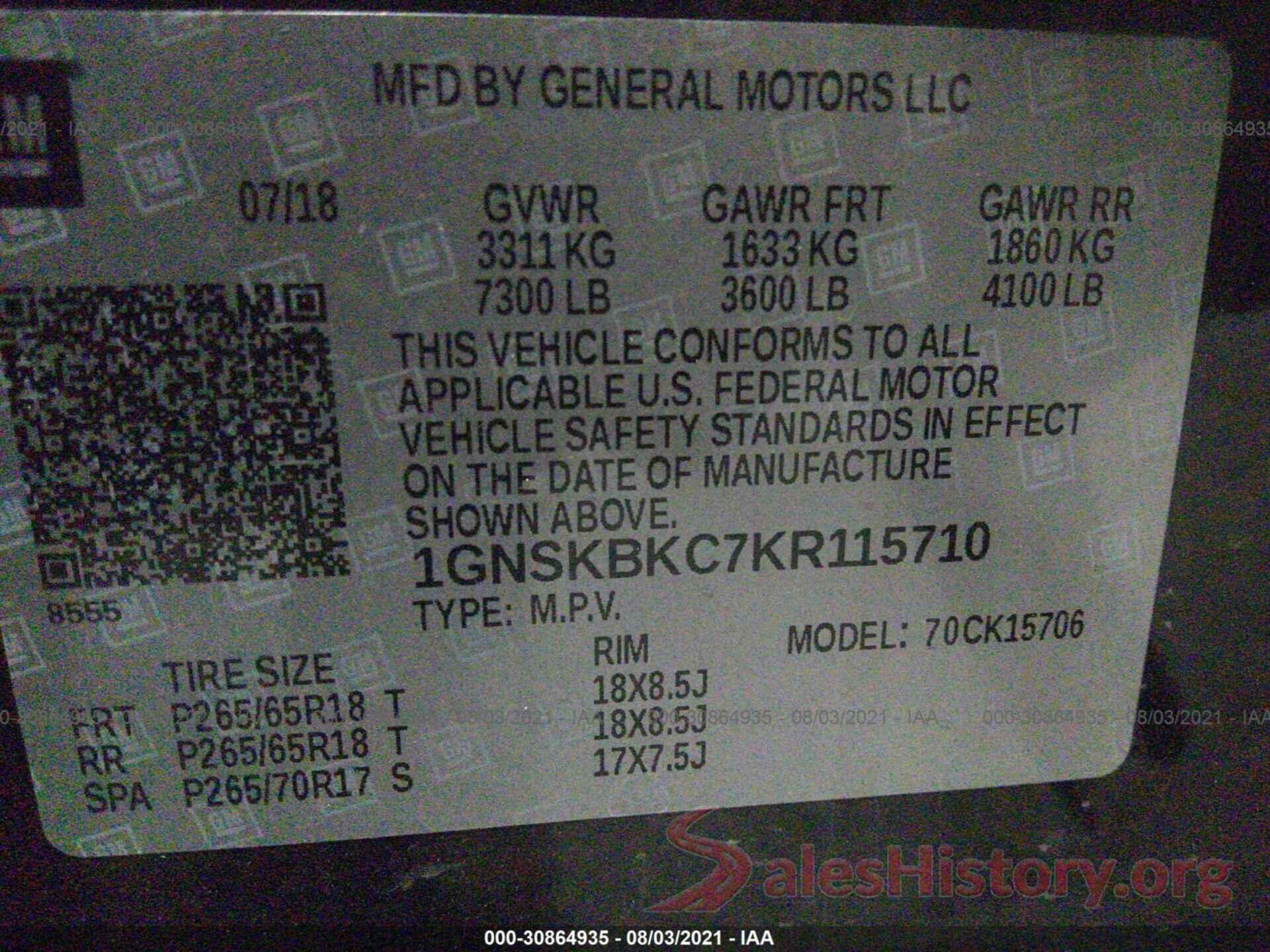 1GNSKBKC7KR115710 2019 CHEVROLET TAHOE