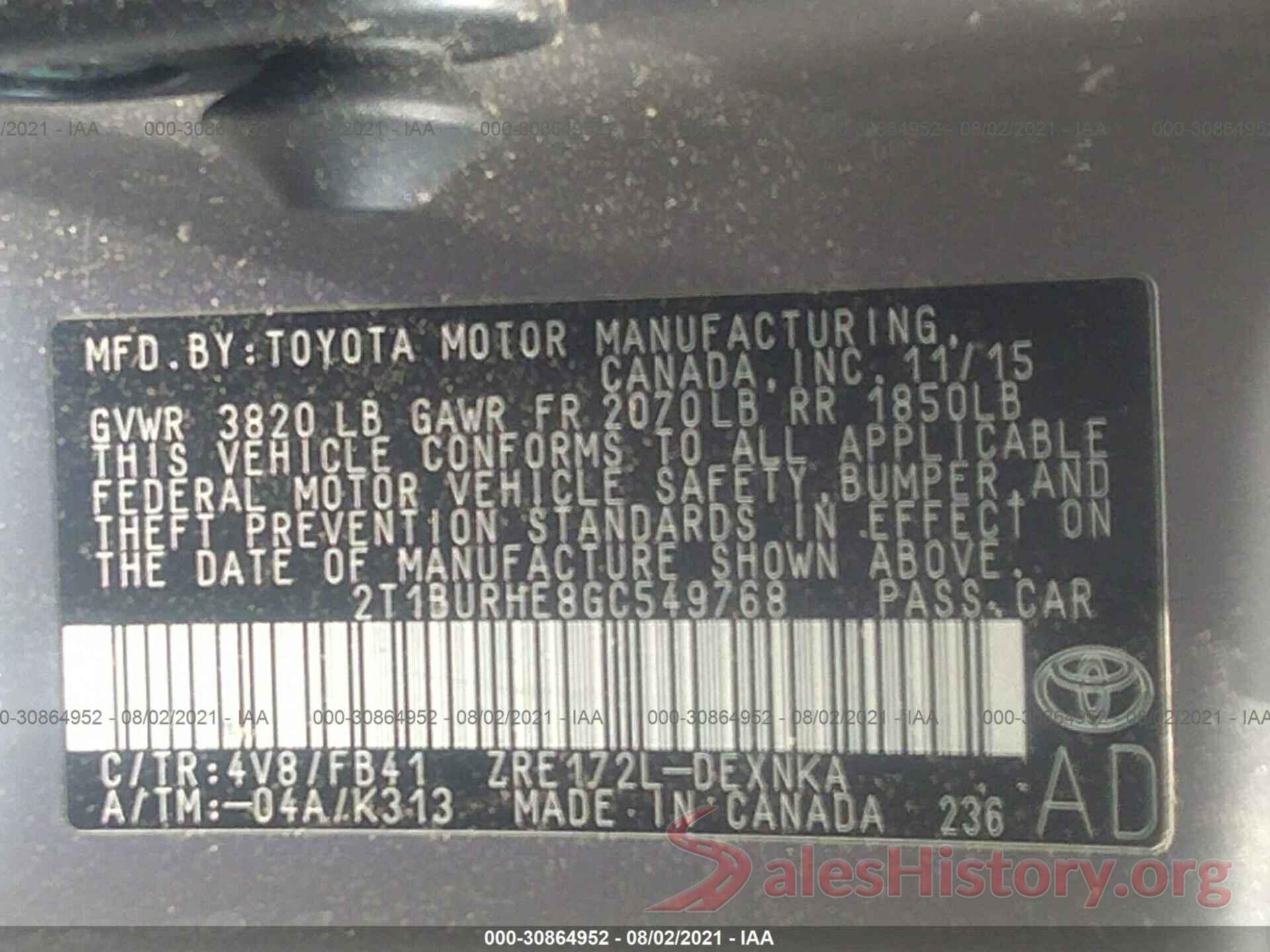 2T1BURHE8GC549768 2016 TOYOTA COROLLA