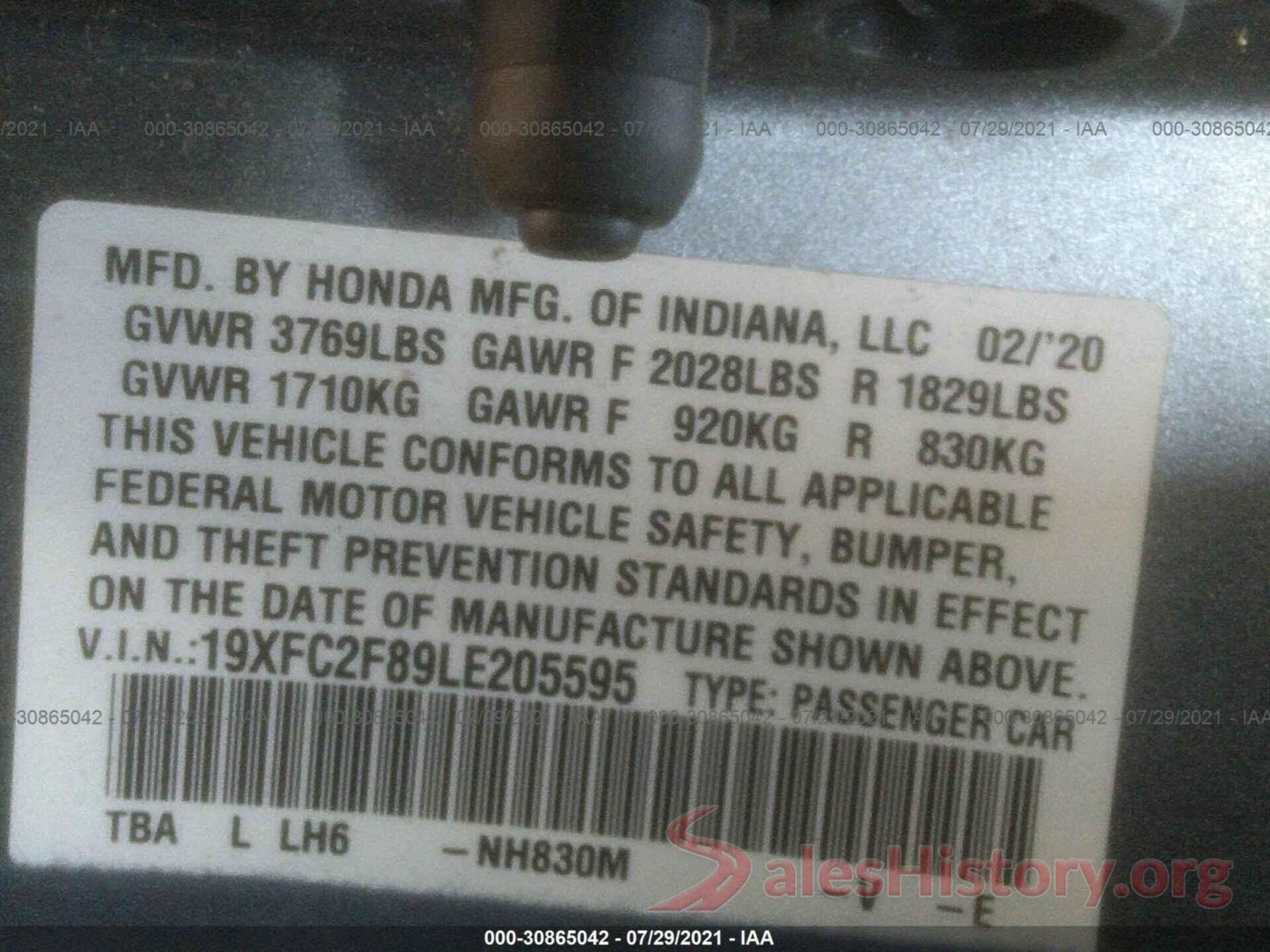 19XFC2F89LE205595 2020 HONDA CIVIC SEDAN