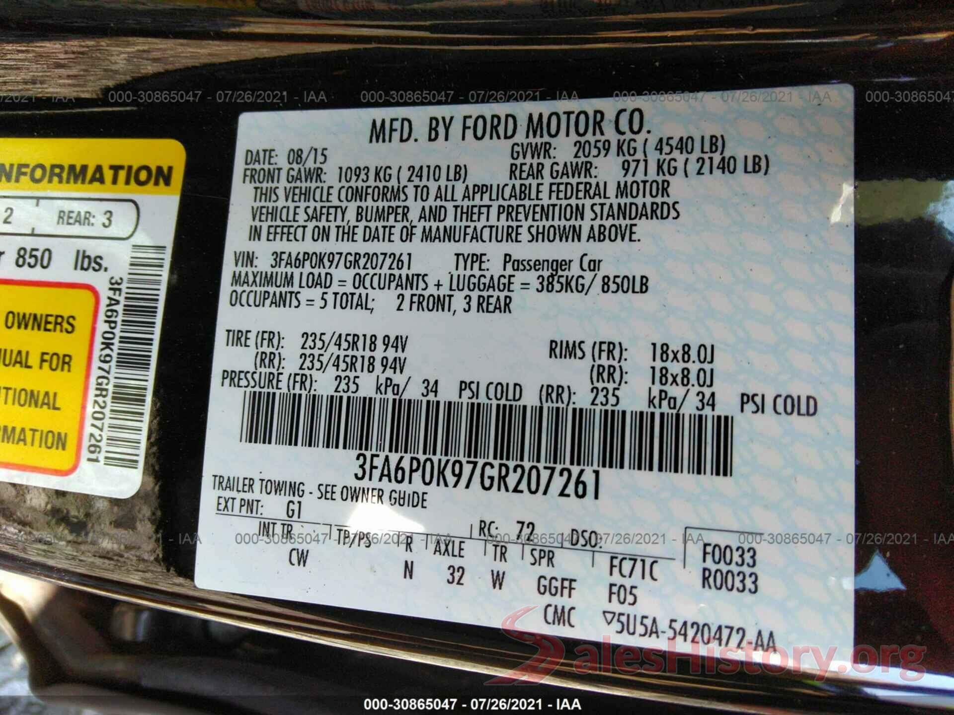 3FA6P0K97GR207261 2016 FORD FUSION