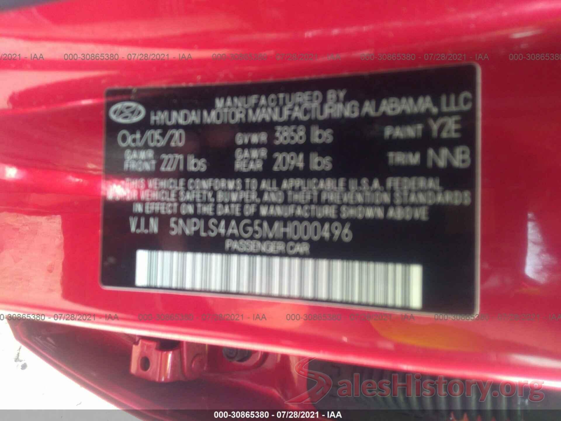 5NPLS4AG5MH000496 2021 HYUNDAI ELANTRA