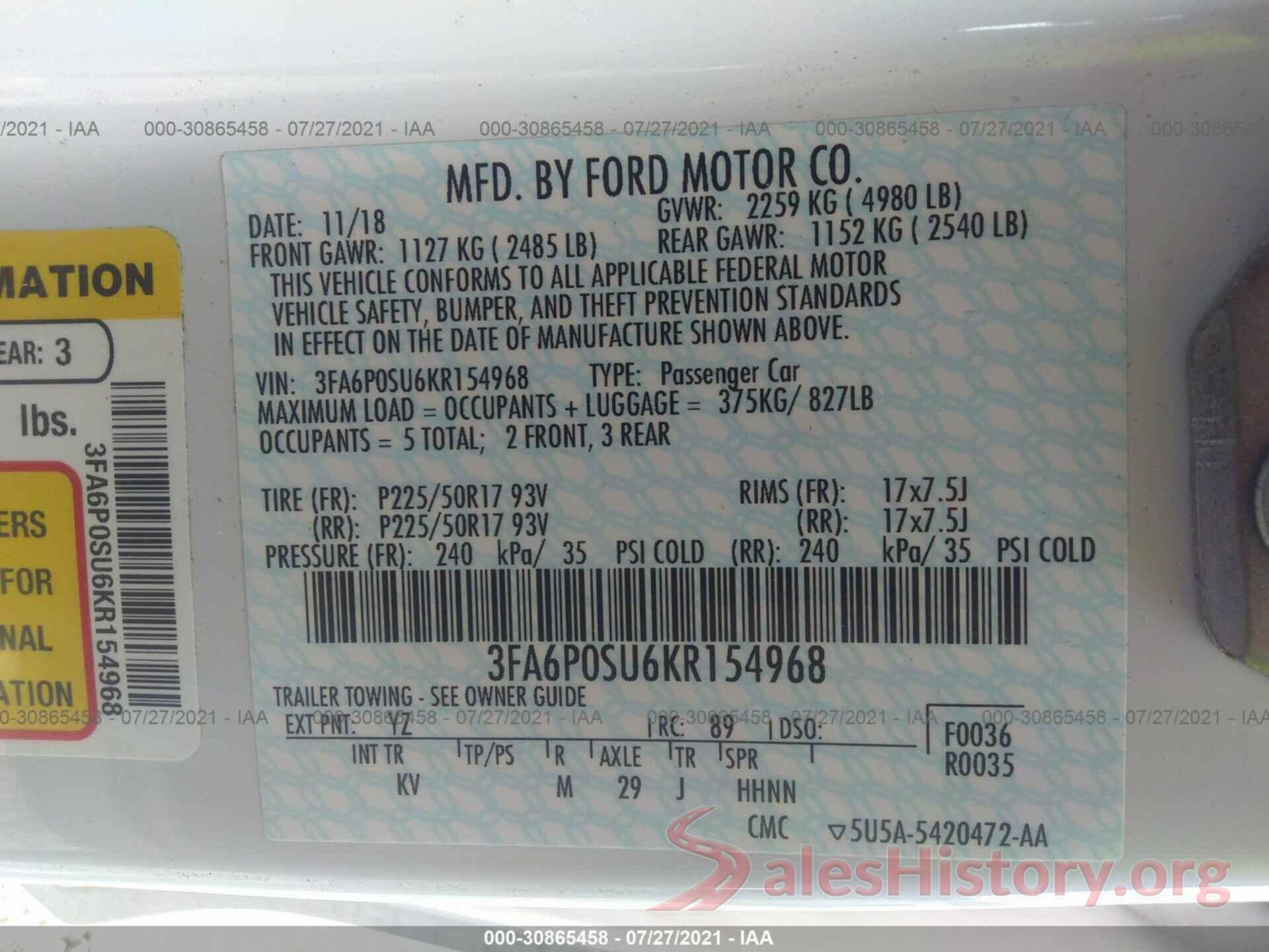 3FA6P0SU6KR154968 2019 FORD FUSION ENERGI