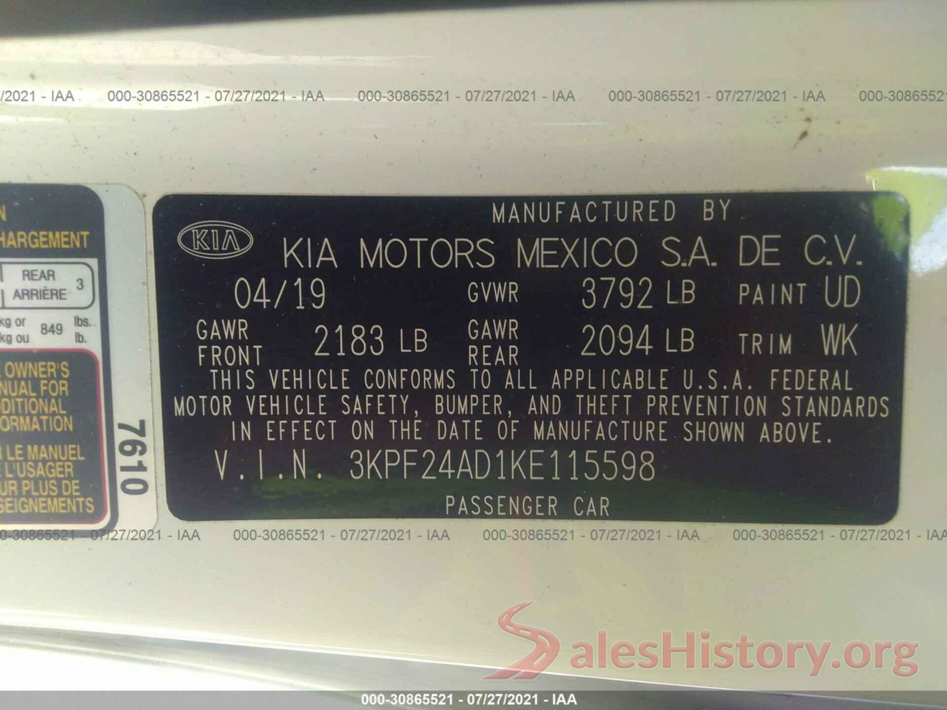 3KPF24AD1KE115598 2019 KIA FORTE