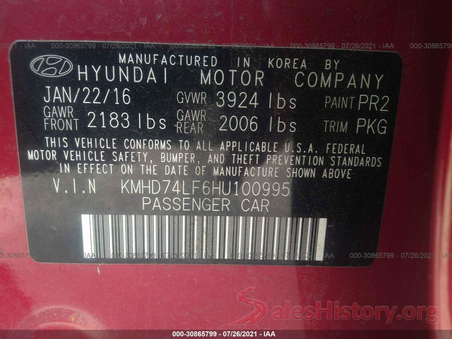 KMHD74LF6HU100995 2017 HYUNDAI ELANTRA