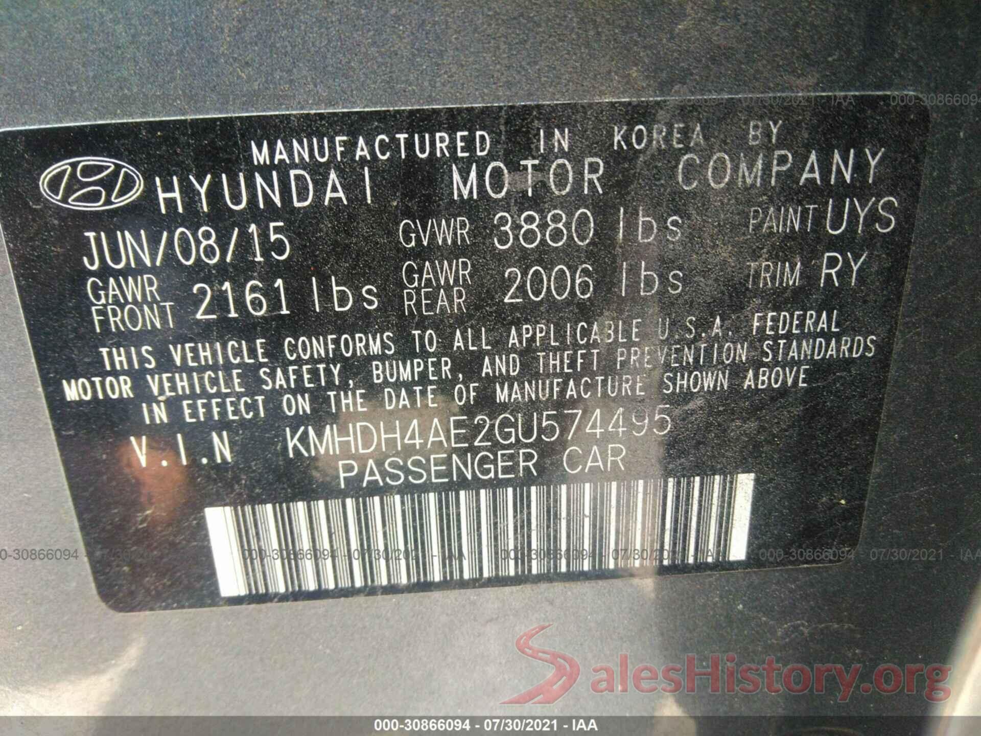 KMHDH4AE2GU574495 2016 HYUNDAI ELANTRA