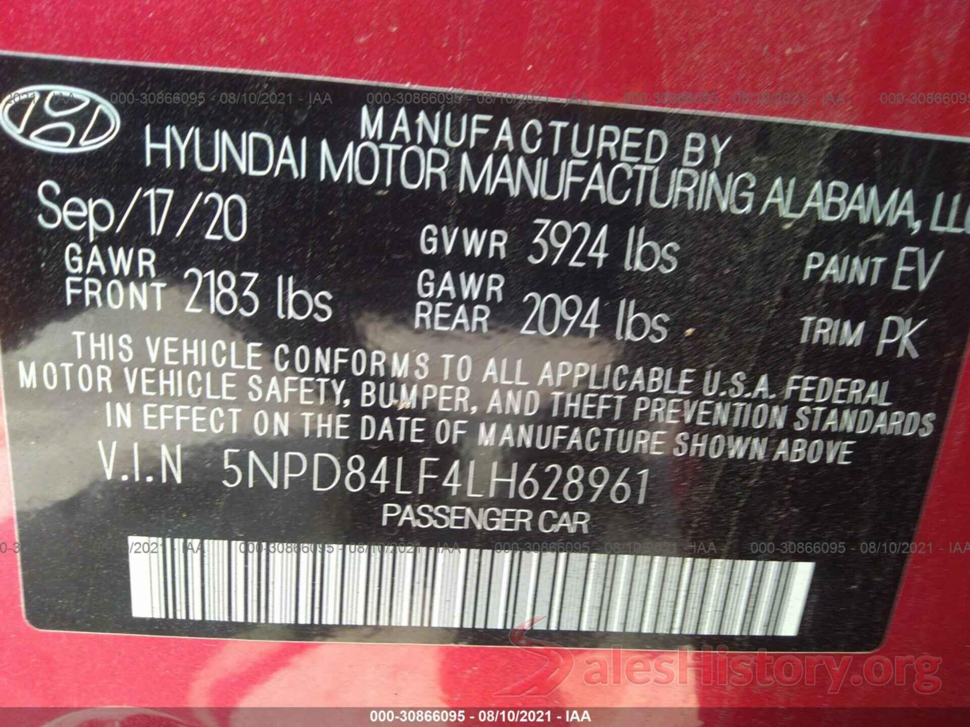 5NPD84LF4LH628961 2020 HYUNDAI ELANTRA