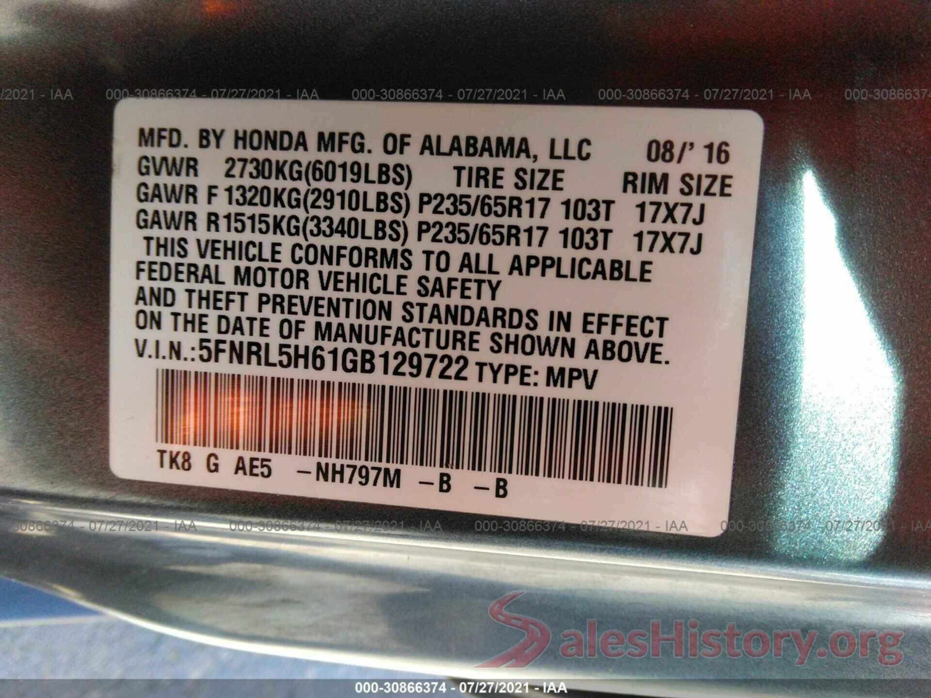 5FNRL5H61GB129722 2016 HONDA ODYSSEY