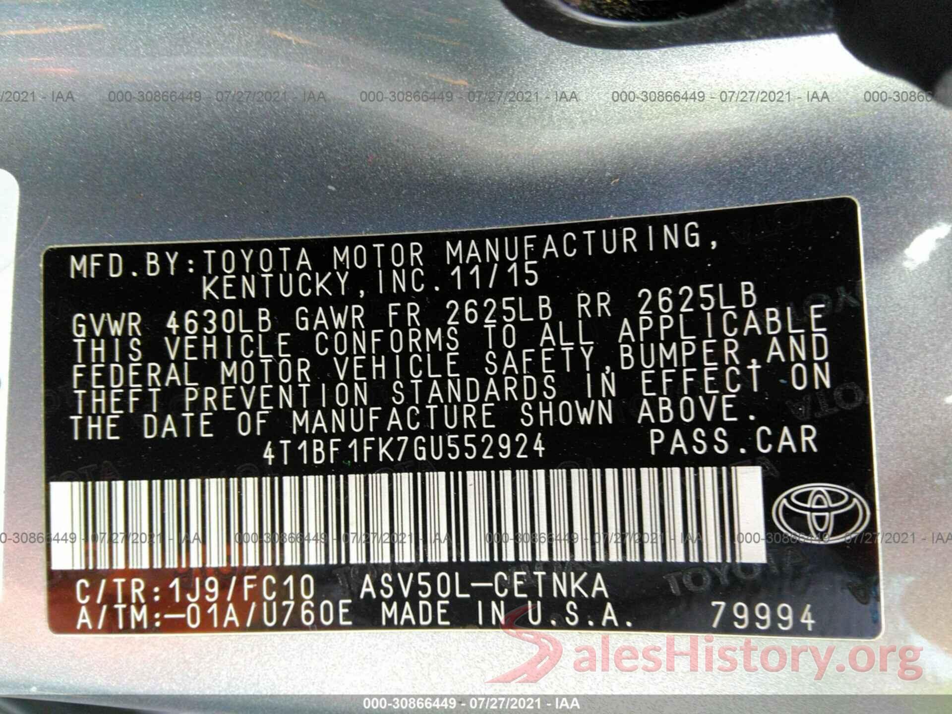 4T1BF1FK7GU552924 2016 TOYOTA CAMRY