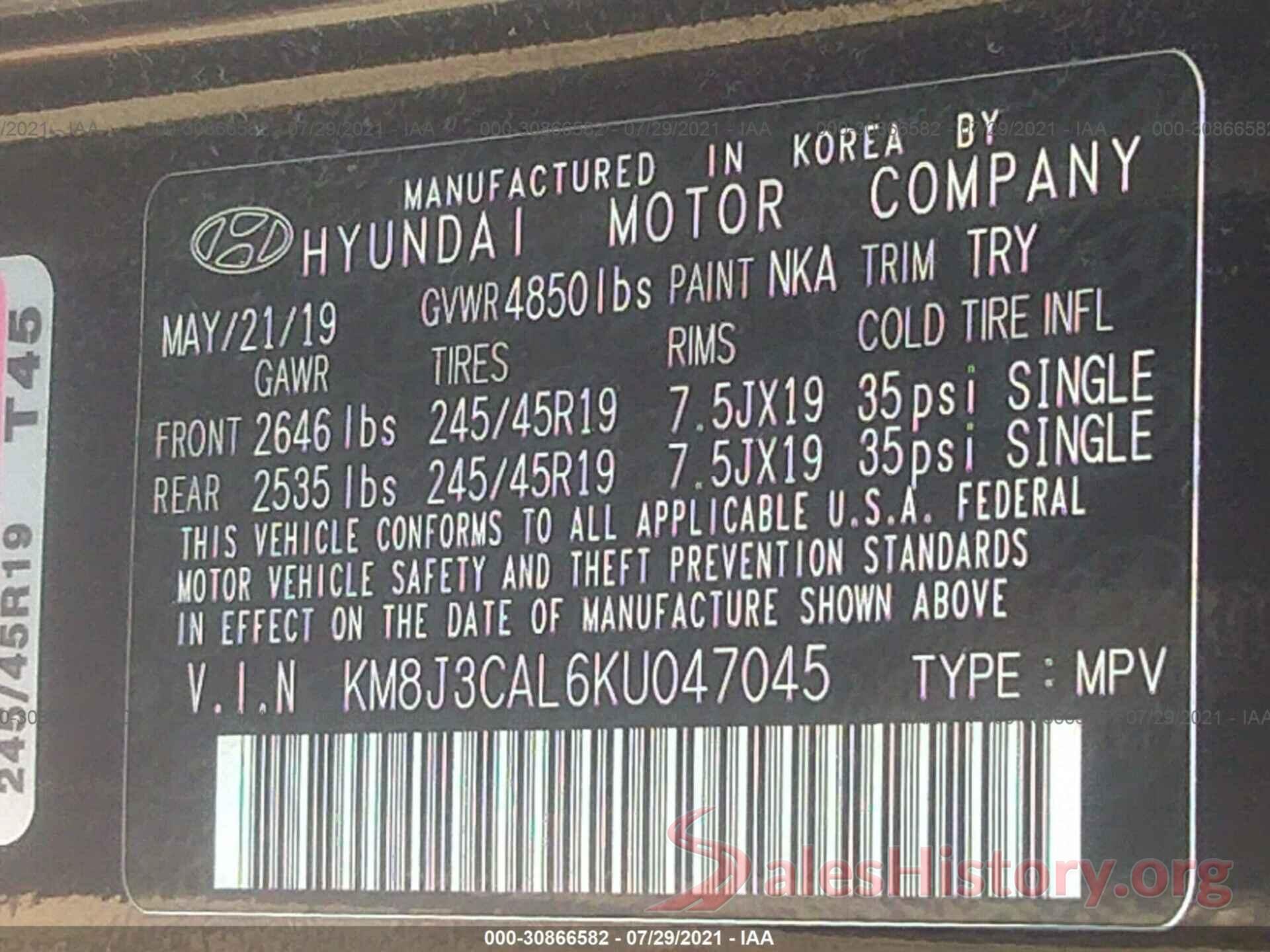 KM8J3CAL6KU047045 2019 HYUNDAI TUCSON