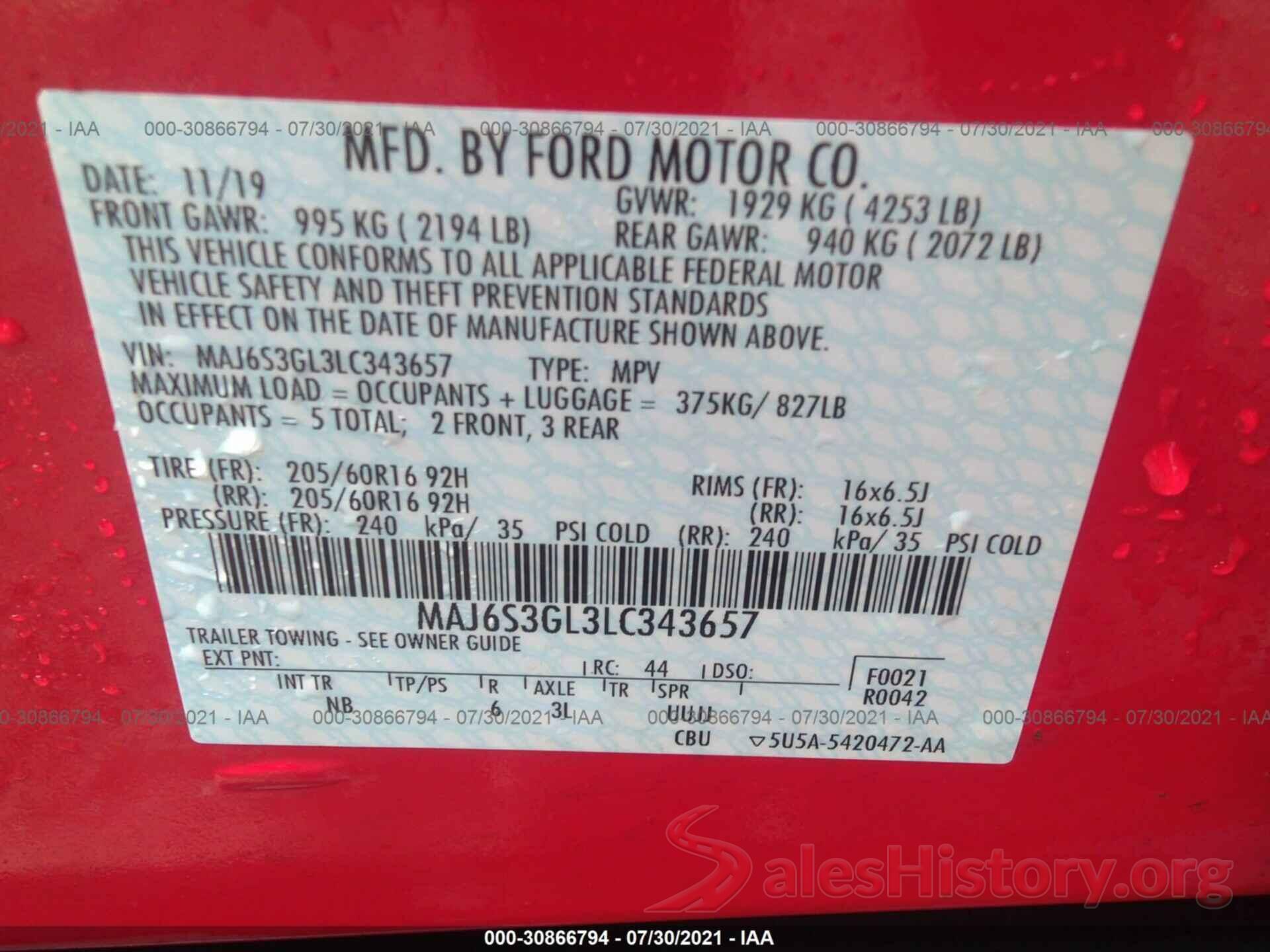 MAJ6S3GL3LC343657 2020 FORD ECOSPORT