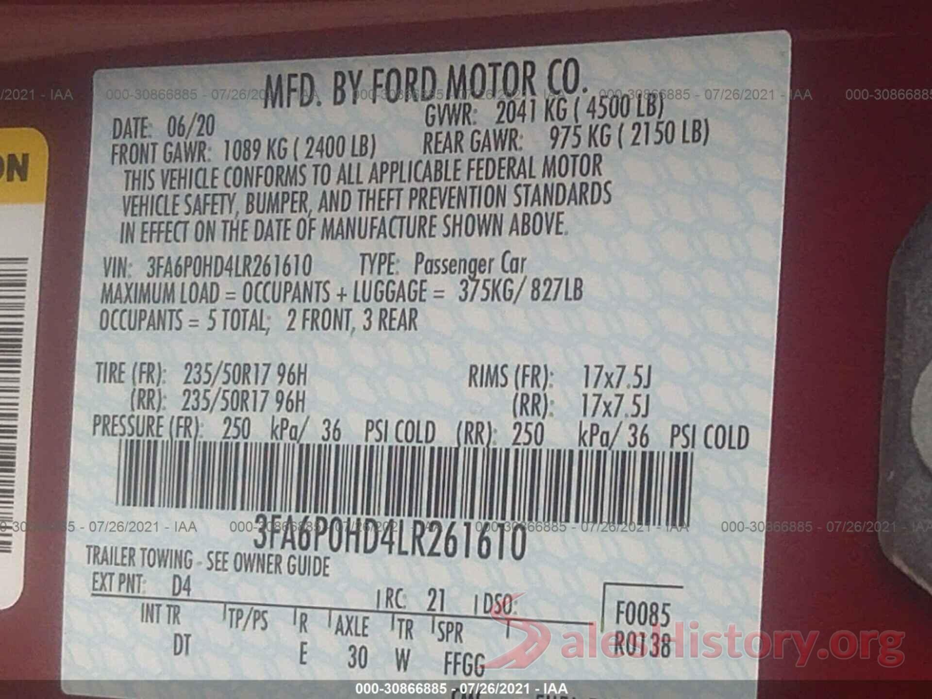 3FA6P0HD4LR261610 2020 FORD FUSION