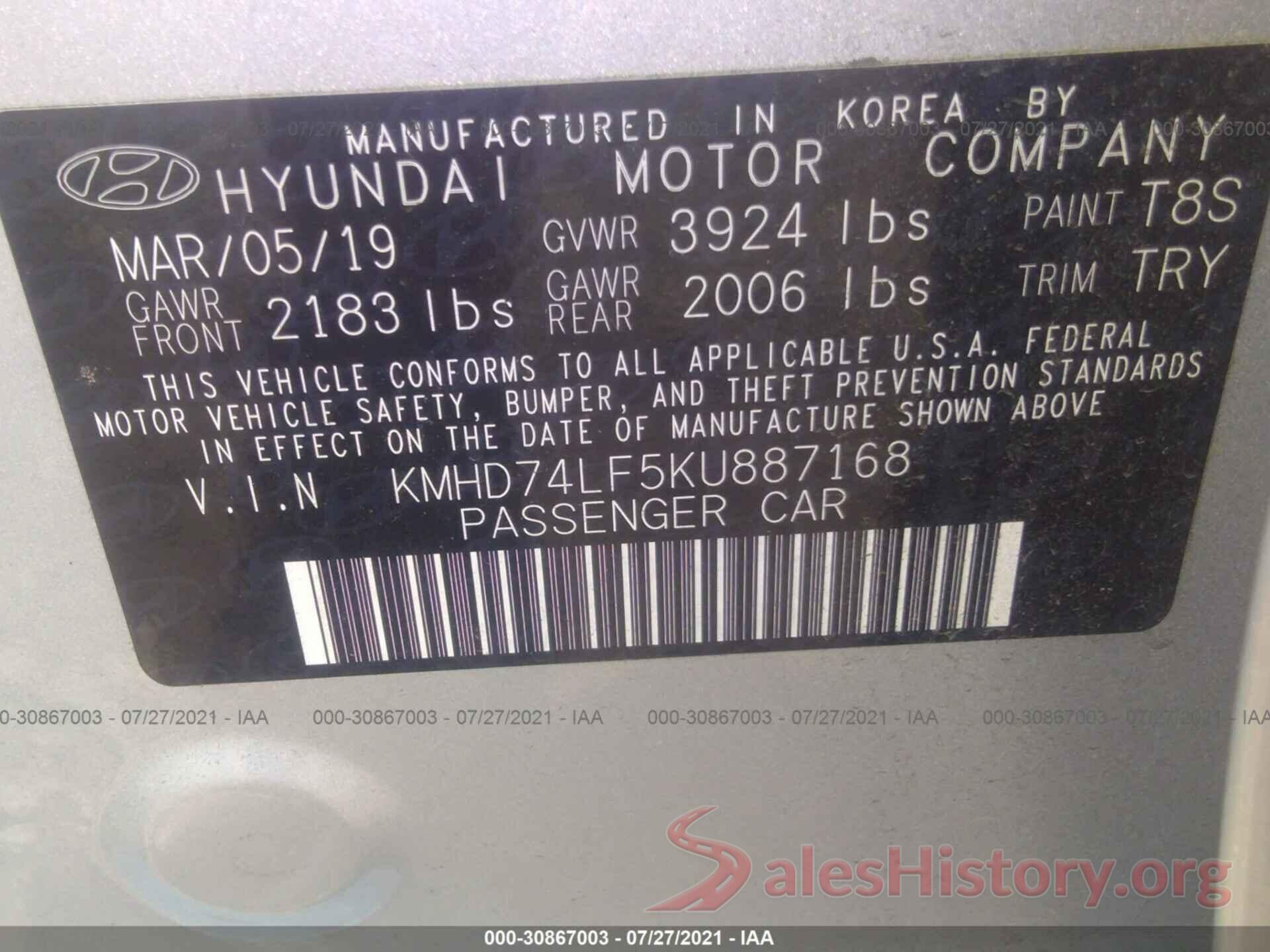 KMHD74LF5KU887168 2019 HYUNDAI ELANTRA