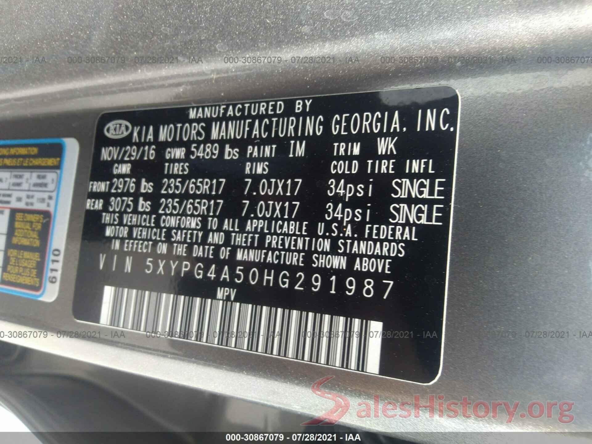 5XYPG4A50HG291987 2017 KIA SORENTO