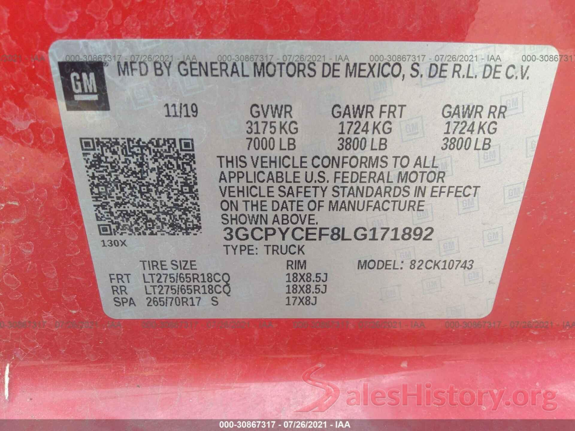 3GCPYCEF8LG171892 2020 CHEVROLET SILVERADO 1500